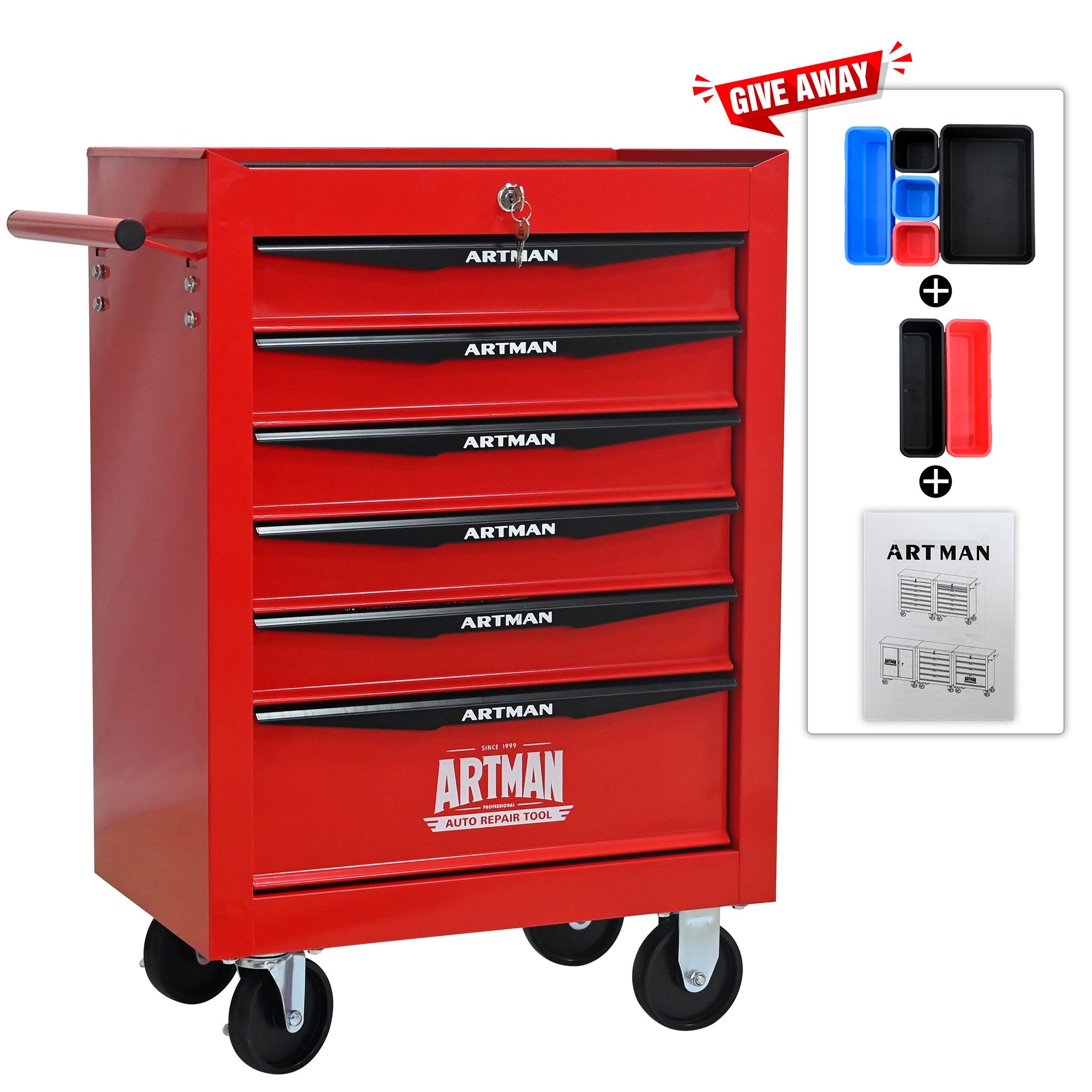 Rolling Metal Tool Chest with 6 Drawers, 20' Steel Storage Cabinet with Ball Bearing Slides, Red and Black Finish