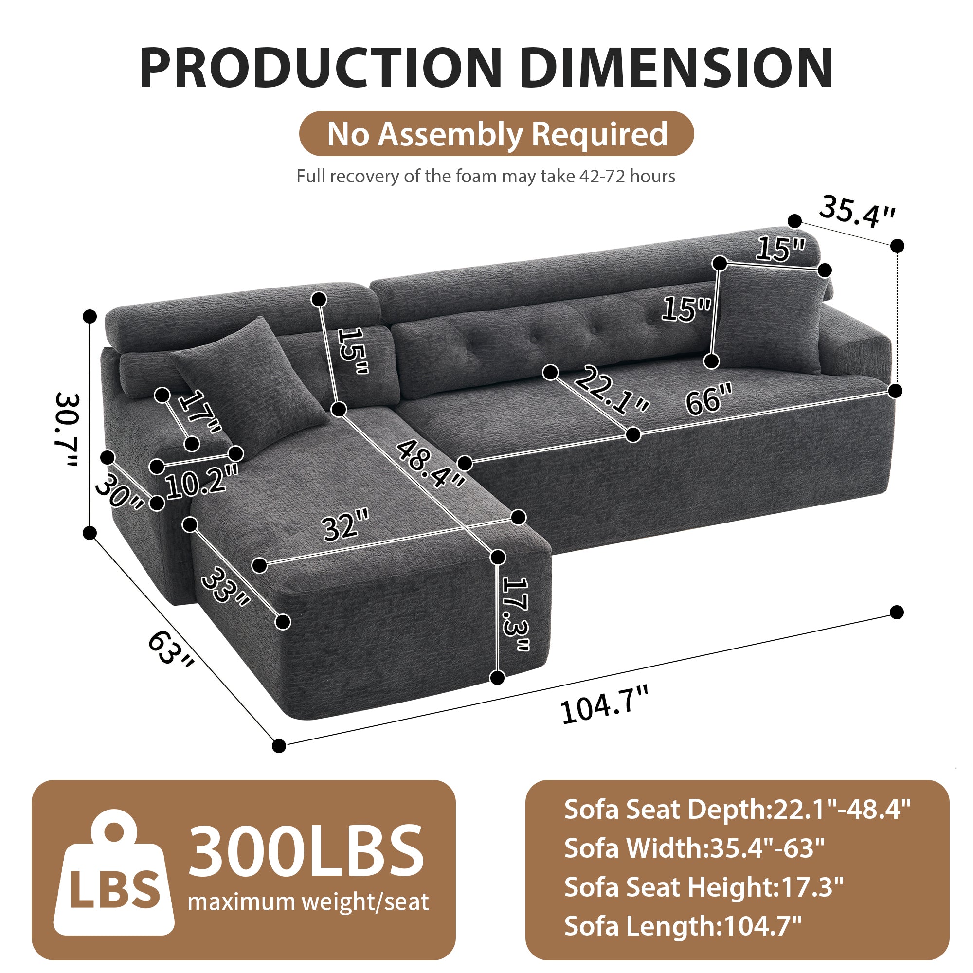 105'' Cloud Sectional Couch with L-Shape Chaise,Modern Modular Sofa with Deep Seat, Boneless Sofa for Living Room Bedroom,No Assembly Required,Grey.