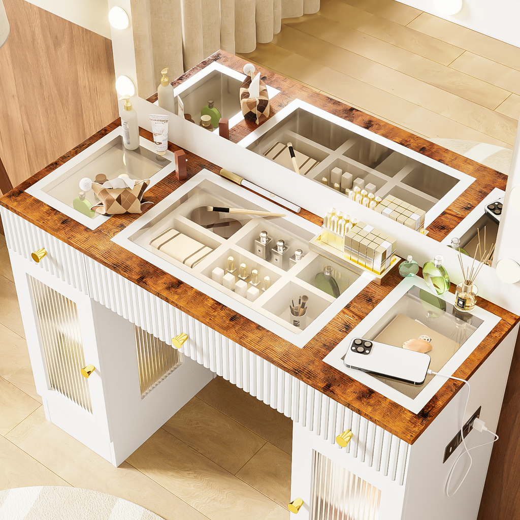43.3' Vanity Desk with Large Mirror and Hollywood Bulbs, Modern Glass Top Makeup Vanity with Drawers and Power Outlet, Large Dressing Table with 3 Color Lighting Modes & RGB Cabinets for Bedroom