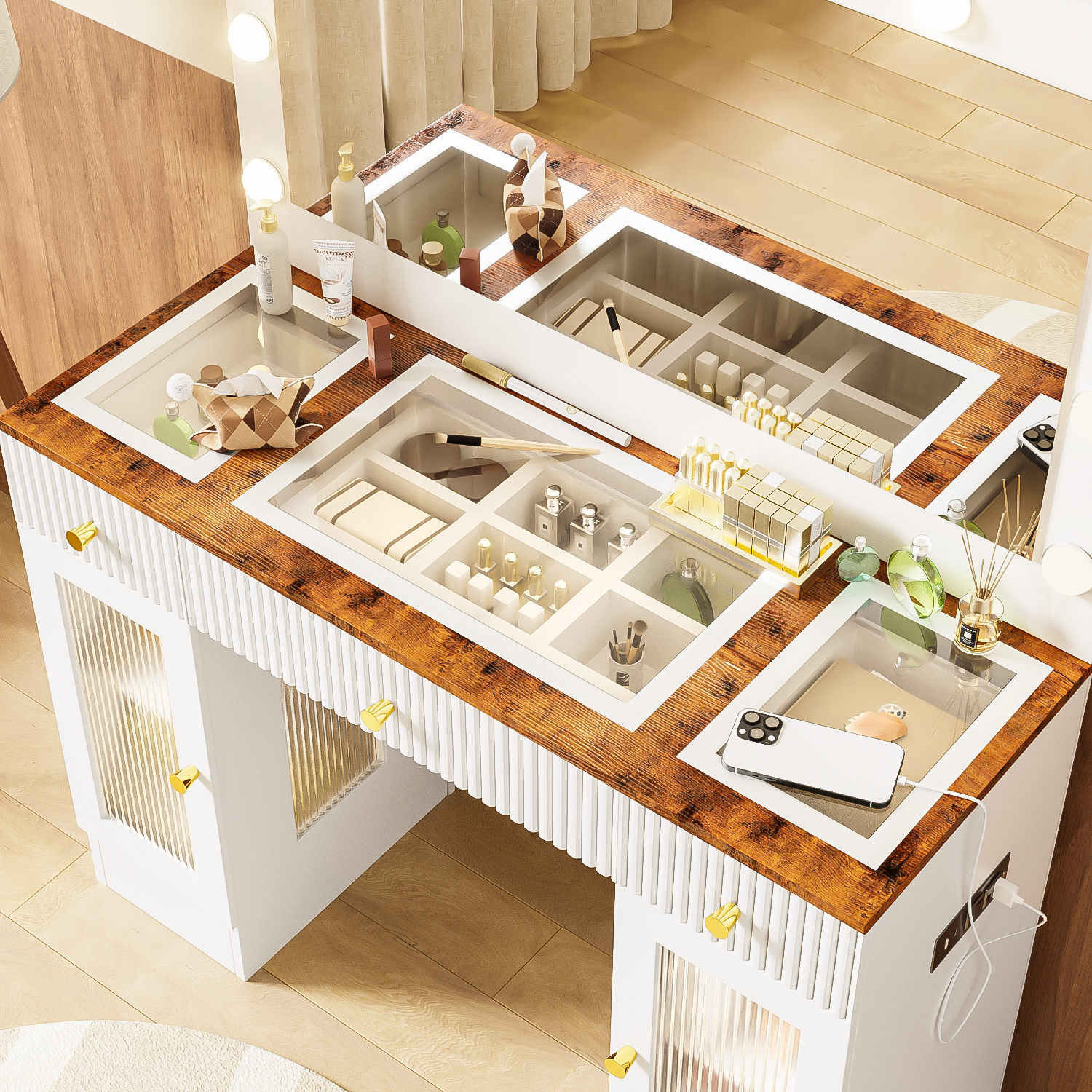 43.3' Vanity Desk with Large Mirror and Hollywood Bulbs, Modern Glass Top Makeup Vanity with Drawers and Power Outlet, Large Dressing Table with 3 Color Lighting Modes & RGB Cabinets for Bedroom