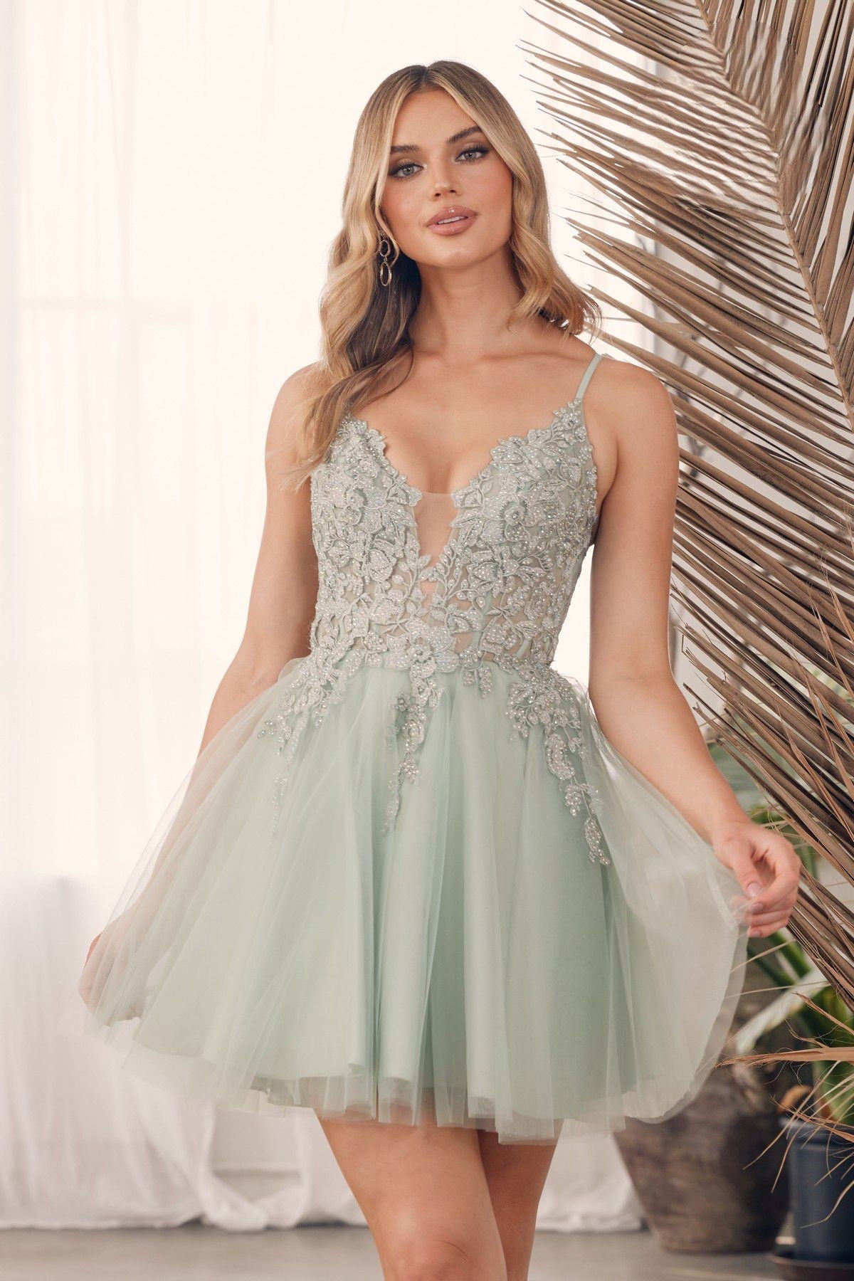 Floral Lace Embellished Short Homecoming Gown w/ Flare Skirt & Spaghetti Straps NXG785