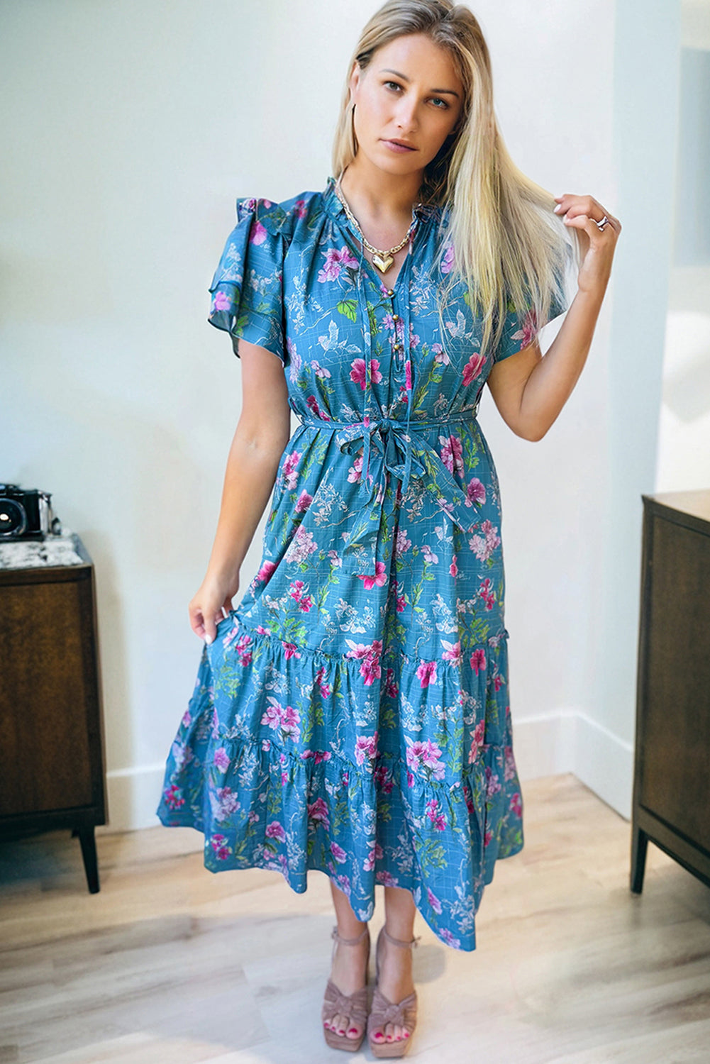 Floral Flutter Sleeve Tie Neck Belted Midi Dress