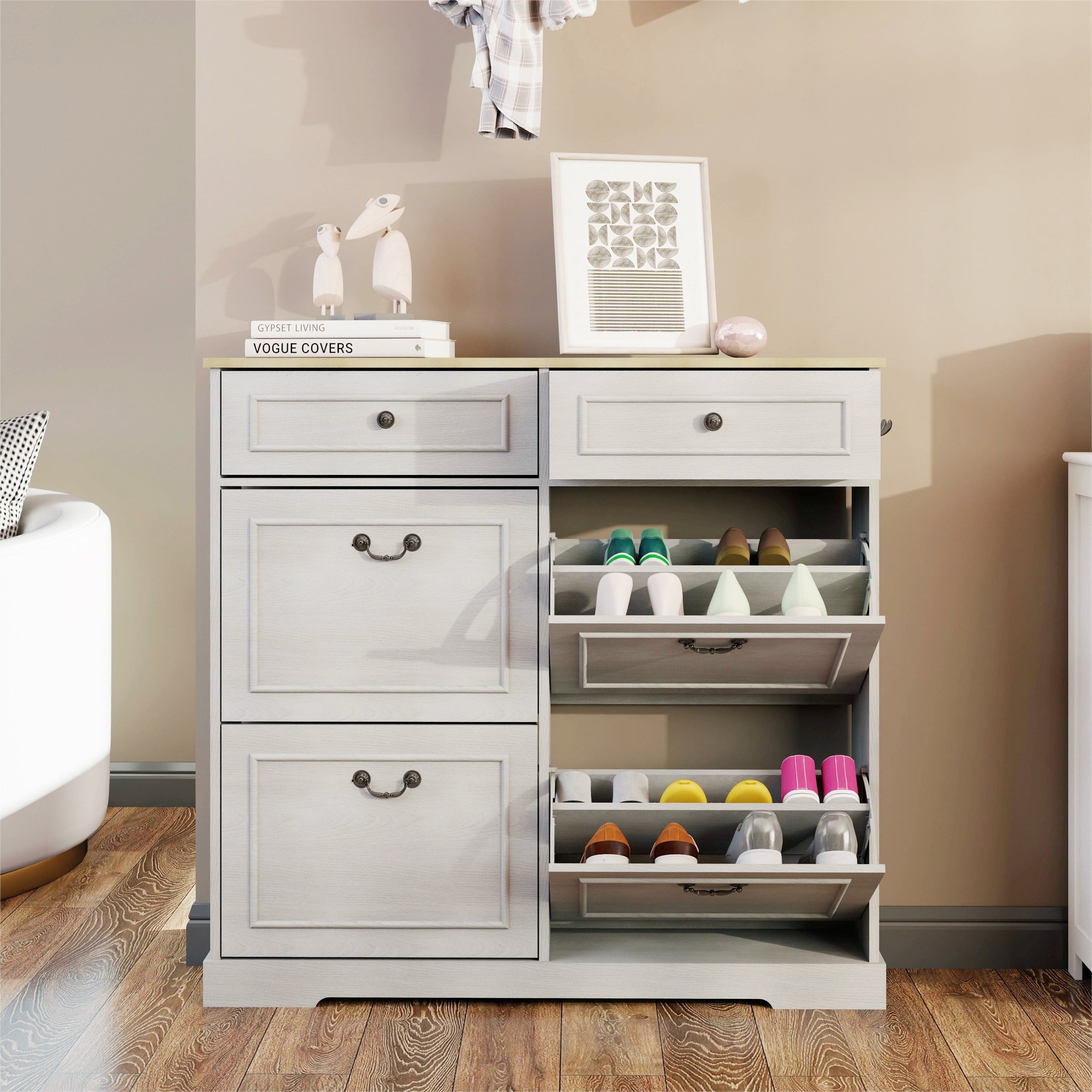 Shoe Storage Cabinet with 2 Drawers, 4 Flip Drawers, Freestanding Shoe Cabinet Organizer with Adjustable Shelf, Shoe Cabinet for Entryway, Foyer, Slim Shoe Cabinet-Antique White