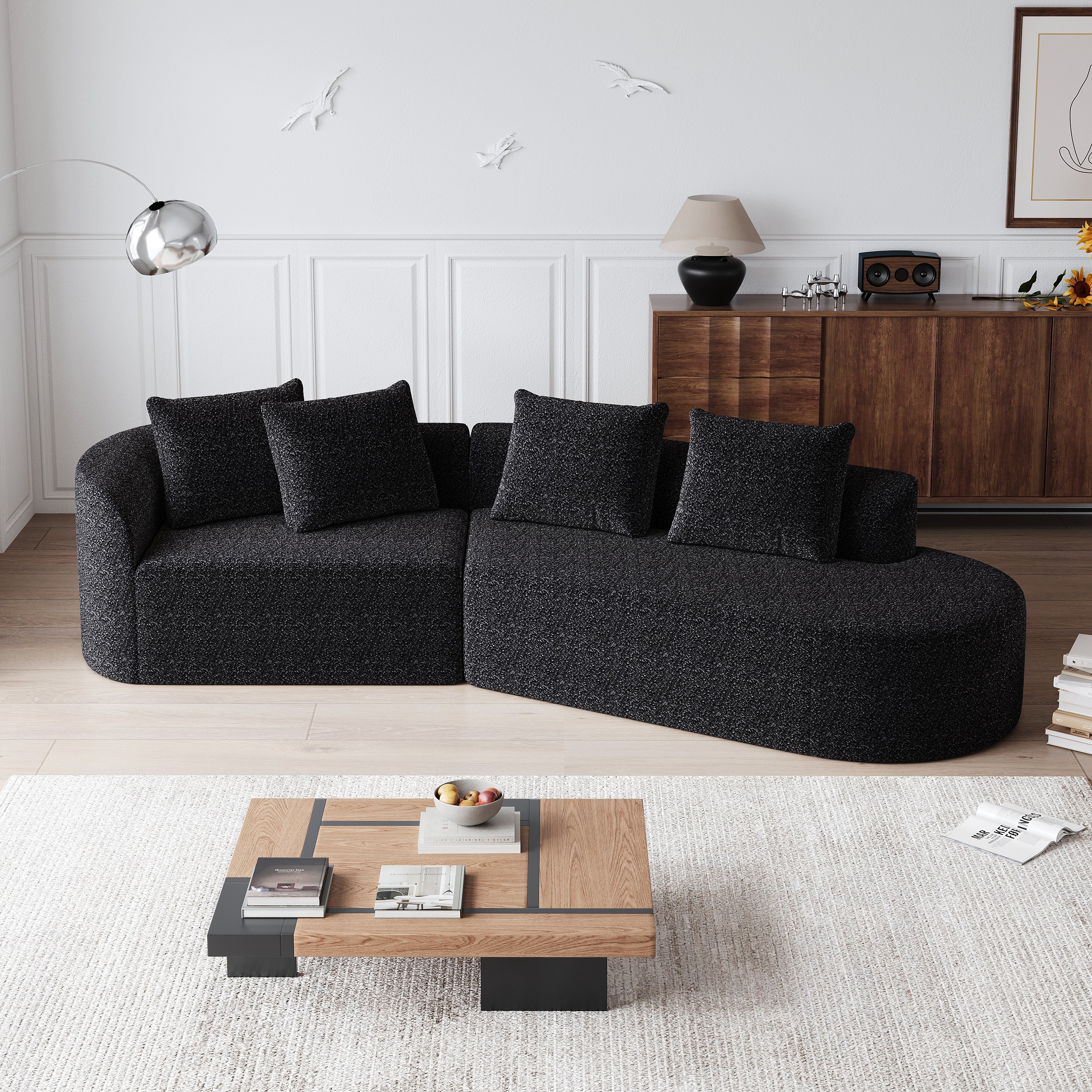 Modern Upholstered Oversized Sectional Sofa, 112-Inch Chenille 4-Seater Extra Deep & Wide Seat Curved Cloud Couch with 4 Throw Pillows, Free Combination Sofa Couch for Living Room,Bedroom