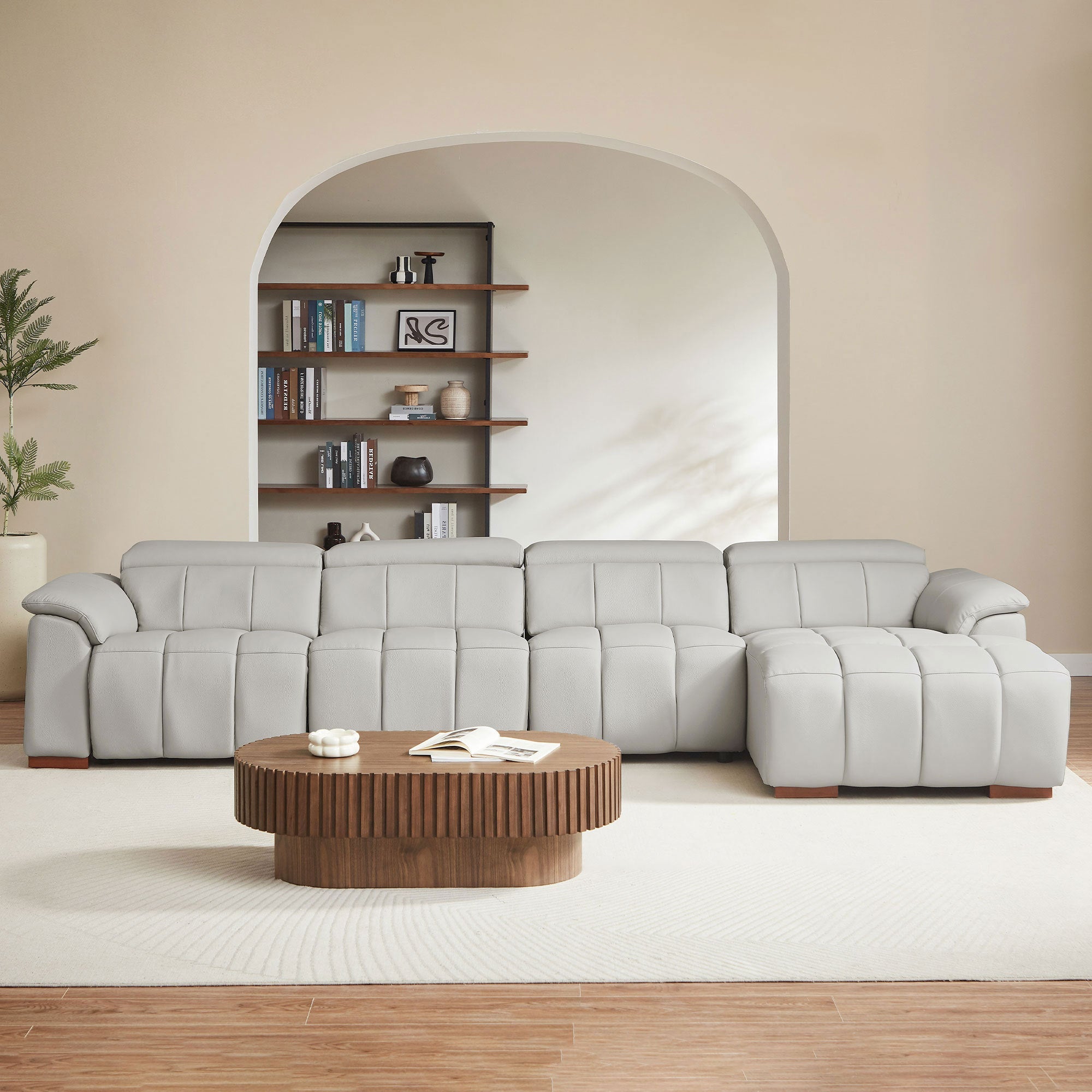 4 Seats Wall-Hugger Reclining Sofa Modern Electric Control Genuine Leather L Shaped Couch,Lounge Seat Theater Seating Furniture with USB Port, Sofa with Headrest & Footrest for Living Room,Apartment