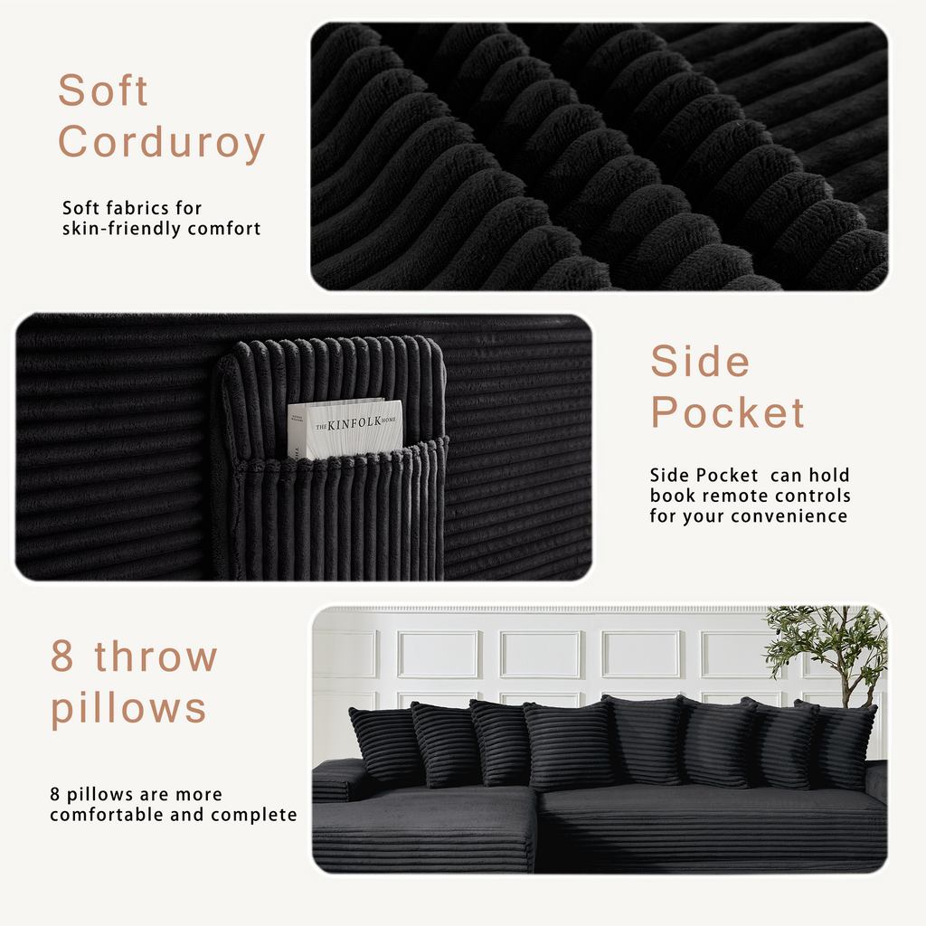[NEW ARRIVED] [VIDEO PROVIDED] Oversize Cloud Sectional Couch, L-Shape Sofa, Convertible Floor Sleeper Sofa Bed, No Assembly ,Eight pillows,3-in-1,Side Pocket,(Left Facing Sofa),3 Seat,Corduroy,Black