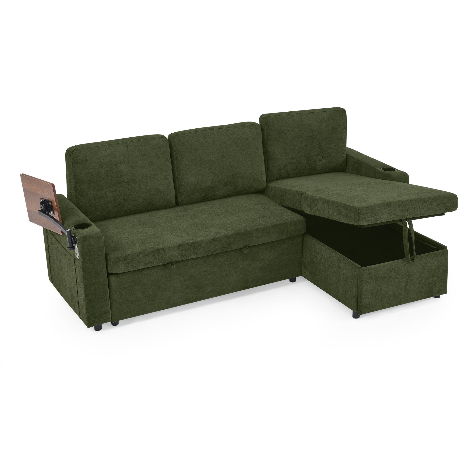 Modern Chenille Multi-functional Pull-Out Bed Sofa with Retractable Table and LED Lighting, USB Charging Ports and Cup Holders, Green