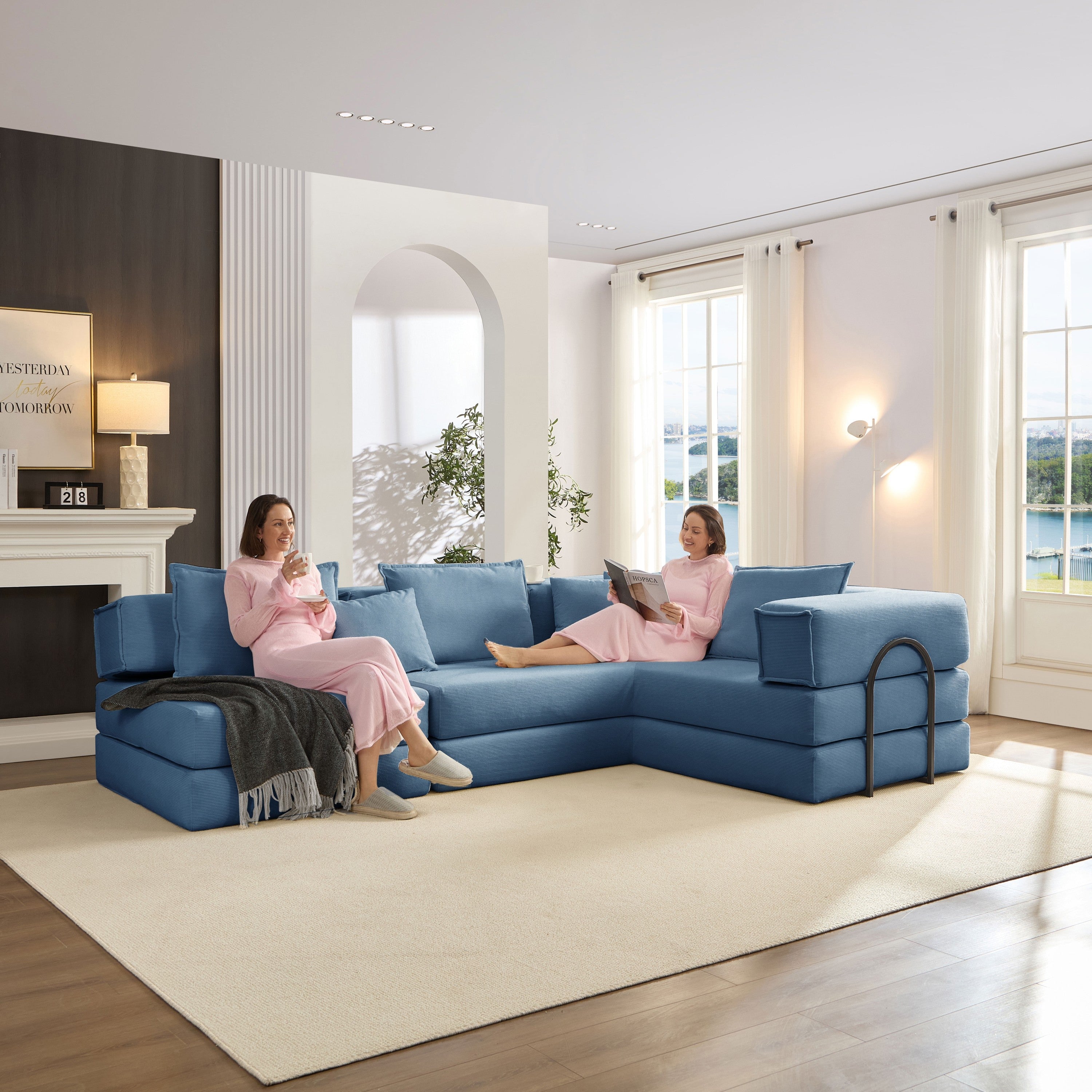 Oversized Upholstered Sectional Sofa Couch Set, Modular 118.2 ' L Shaped Floor Living Room Sofa Set With 6 Pillows, DIY Combination Sofa Couch for living rooms, apartments,bedrooms, Blue