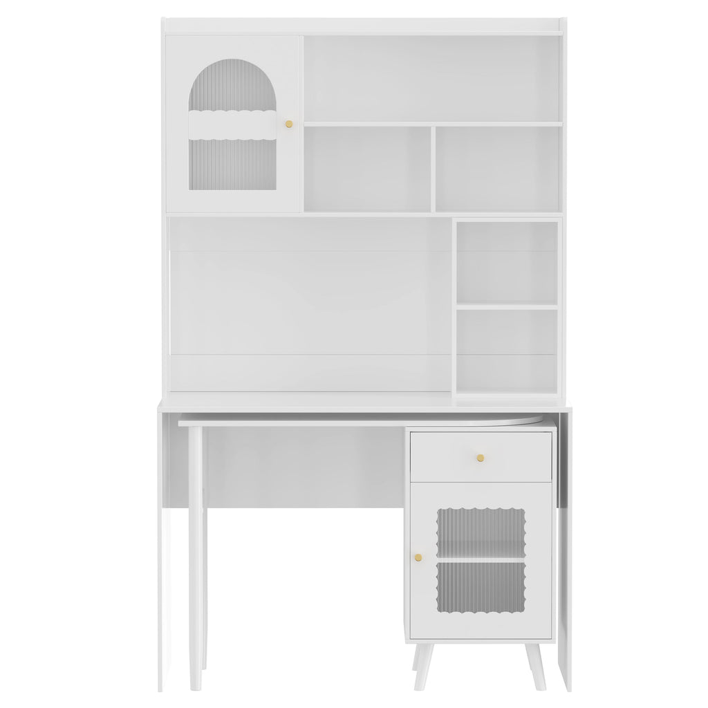 Computer Desk with 90 Degree Rotating Desktop, 43x70 Inch Office Desk with Storage Drawer and Cabinets, Gaming Desk with Shelves, Writing Desk for Study, Work Desk for Home Office Bedroom Living Room