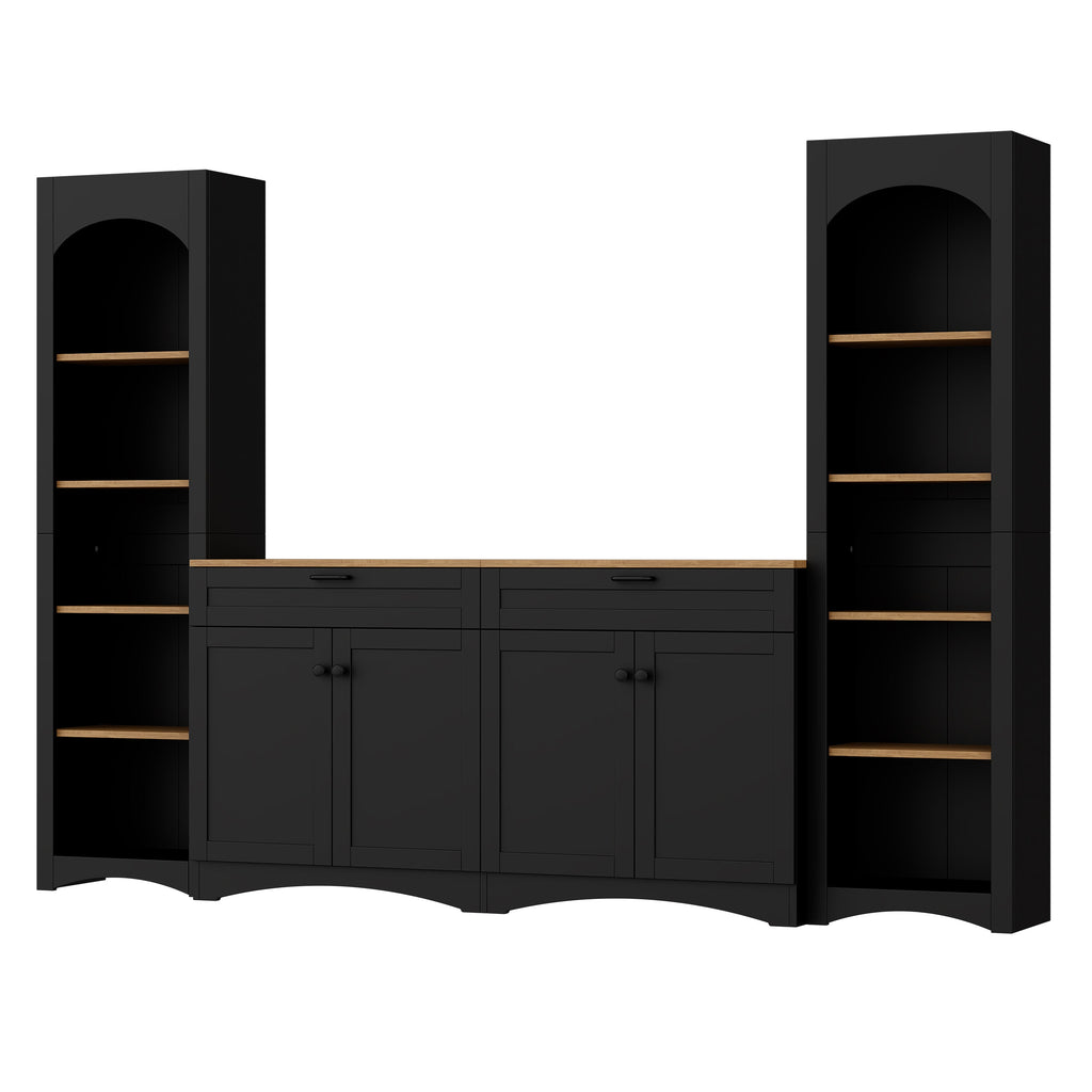ON-TREND 3-Piece Farmhouse Entertainment Center with Storage Cabinet for TVs Up to 70', Mid-Century TV Stand with Bookshelf, Rustic Versatile Sideboard with Adjustable Shelves for Living Room, Black
