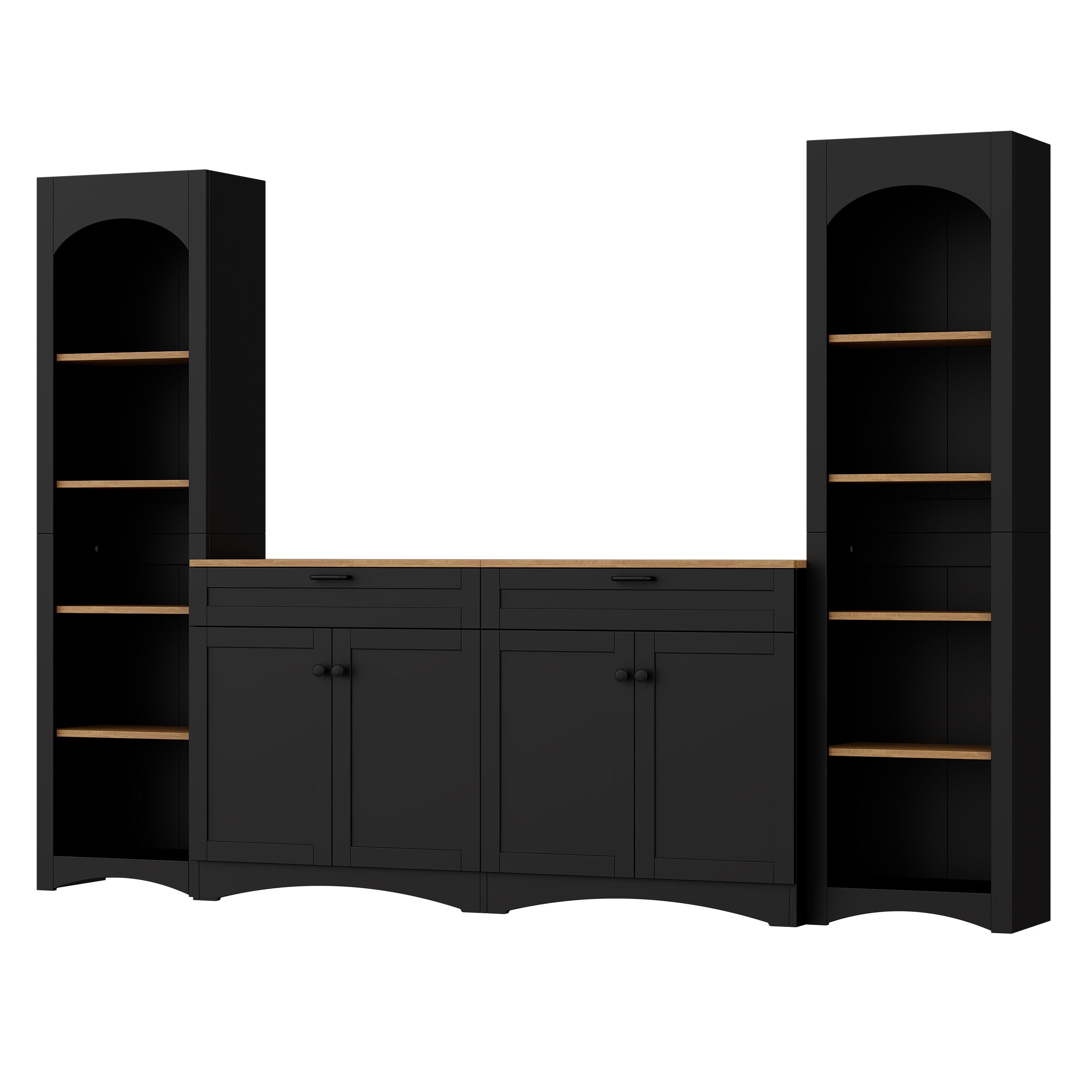 ON-TREND 3-Piece Farmhouse Entertainment Center with Storage Cabinet for TVs Up to 70', Mid-Century TV Stand with Bookshelf, Rustic Versatile Sideboard with Adjustable Shelves for Living Room, Black