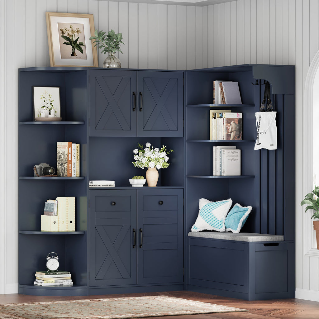 Multifunctional left-right combination hall cabinet (can be used separately) with storage and 4 hooks, storage cabinet/ hall tree 2 in 1 for living room, kitchen and hallway, antique blue