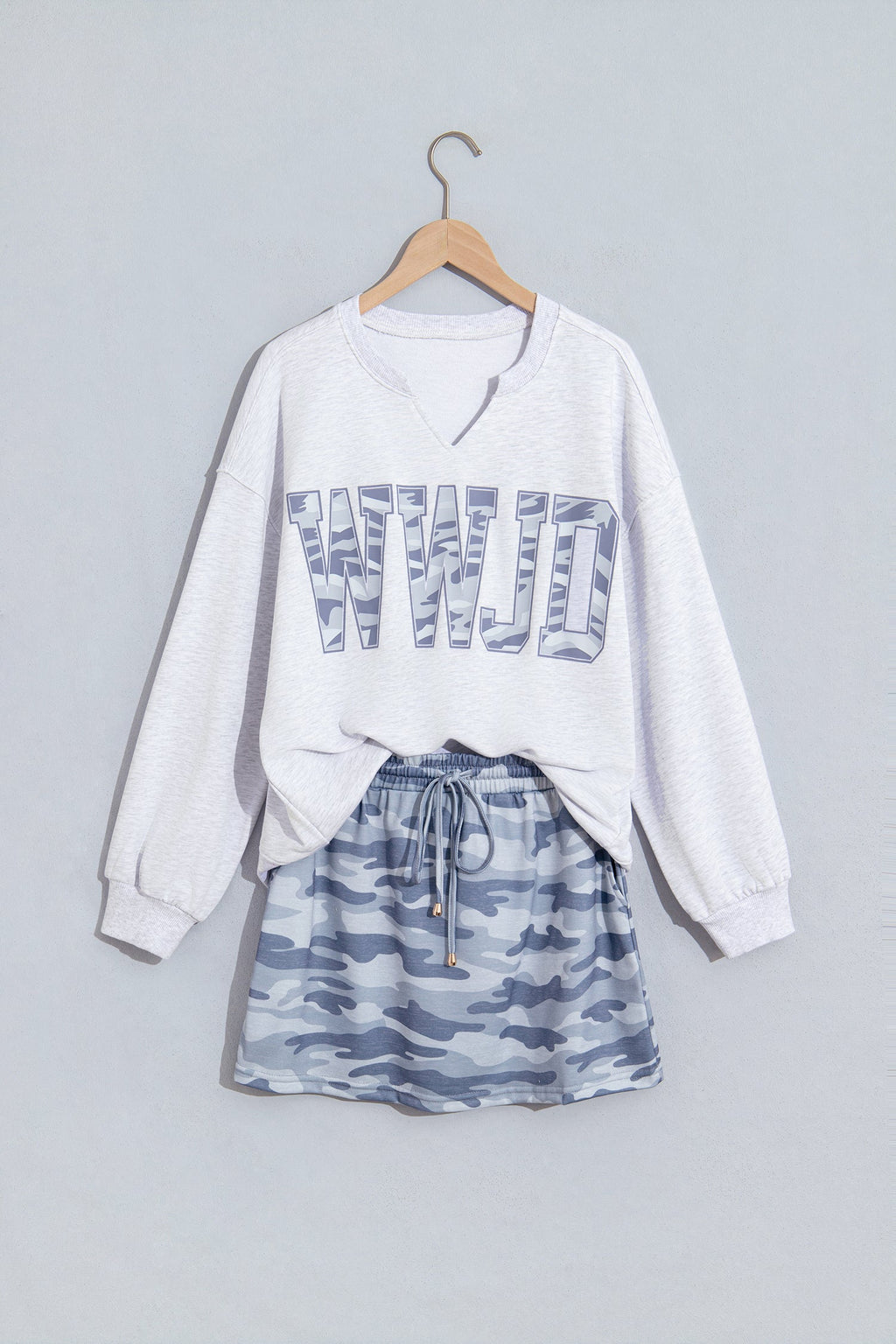 WWJD Camo Letter Print Long Sleeve Top & Skort Set