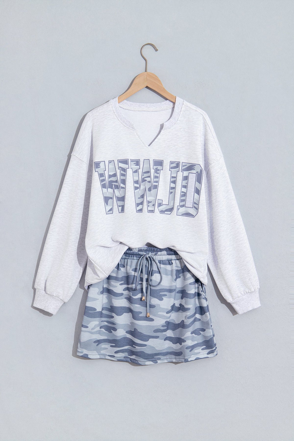WWJD Camo Letter Print Long Sleeve Top & Skort Set