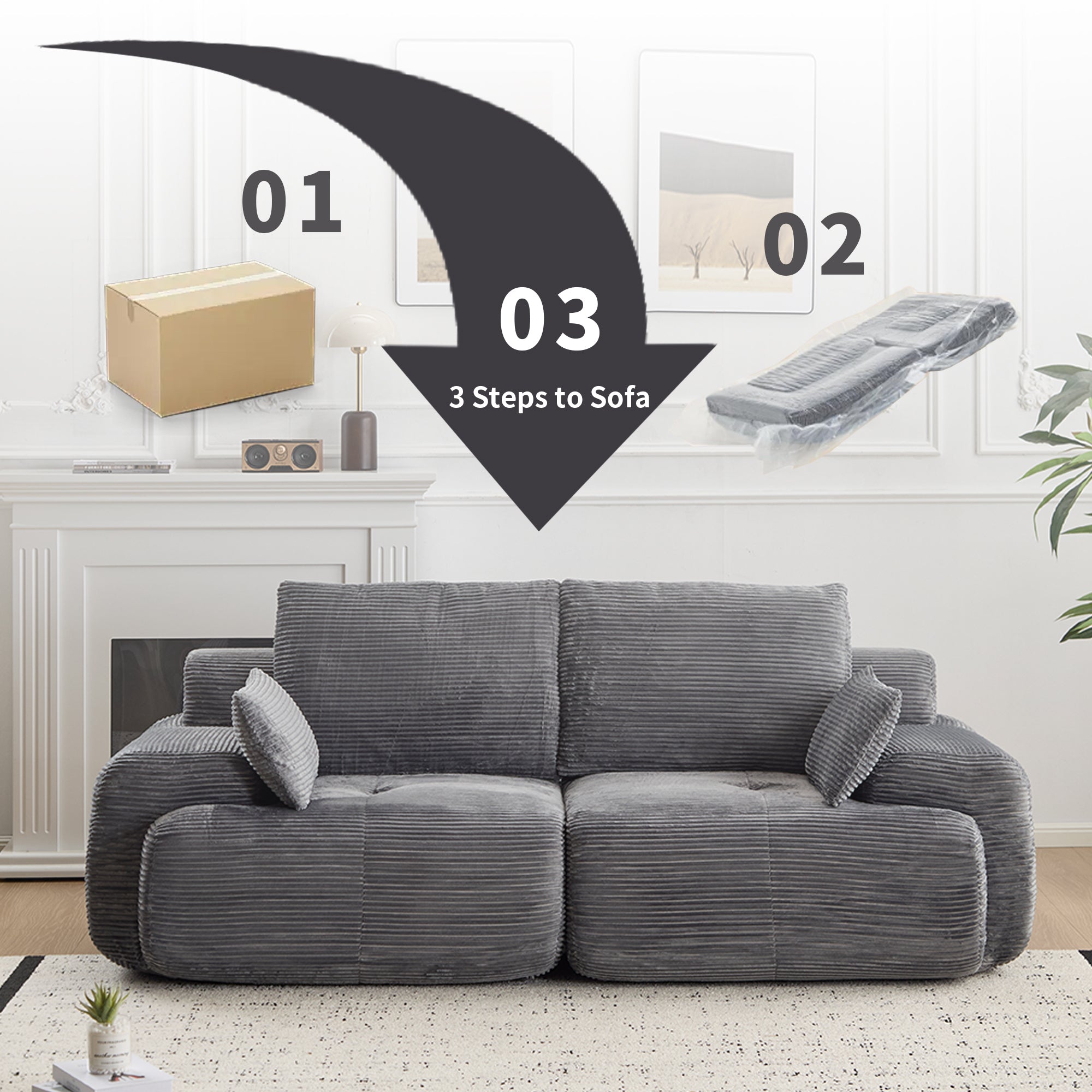Modern Memory Foam Compressed Sofa,2 Seater Large Sectional Couches for Living Room,Pet-Friendly Cloud Modular Sectional Sofa,Corduroy Fabric,Extra Deep Loveseat,No Assembly required, Grey