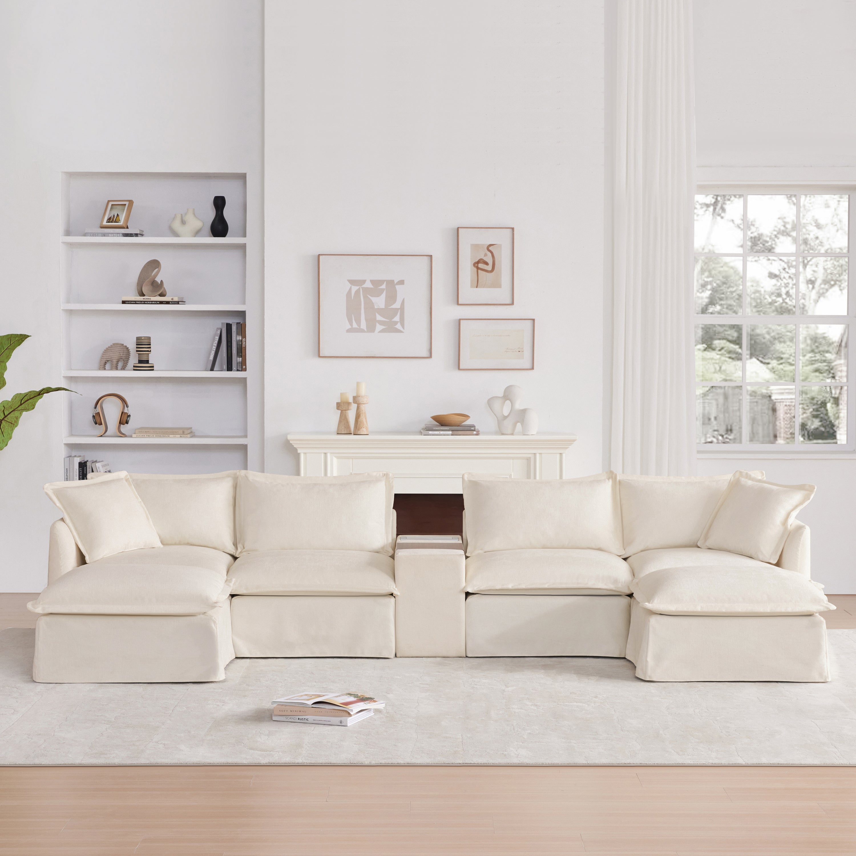 [VIDEO+NEW]131'' Modular Sectional Sofa with Movable Ottoman and Console,Cup Holder,Wide Seat,6 Seat U Shaped Couch,Oversized Chenille Sofa with USB Charger for Living Room,Apartment,2 Colors
