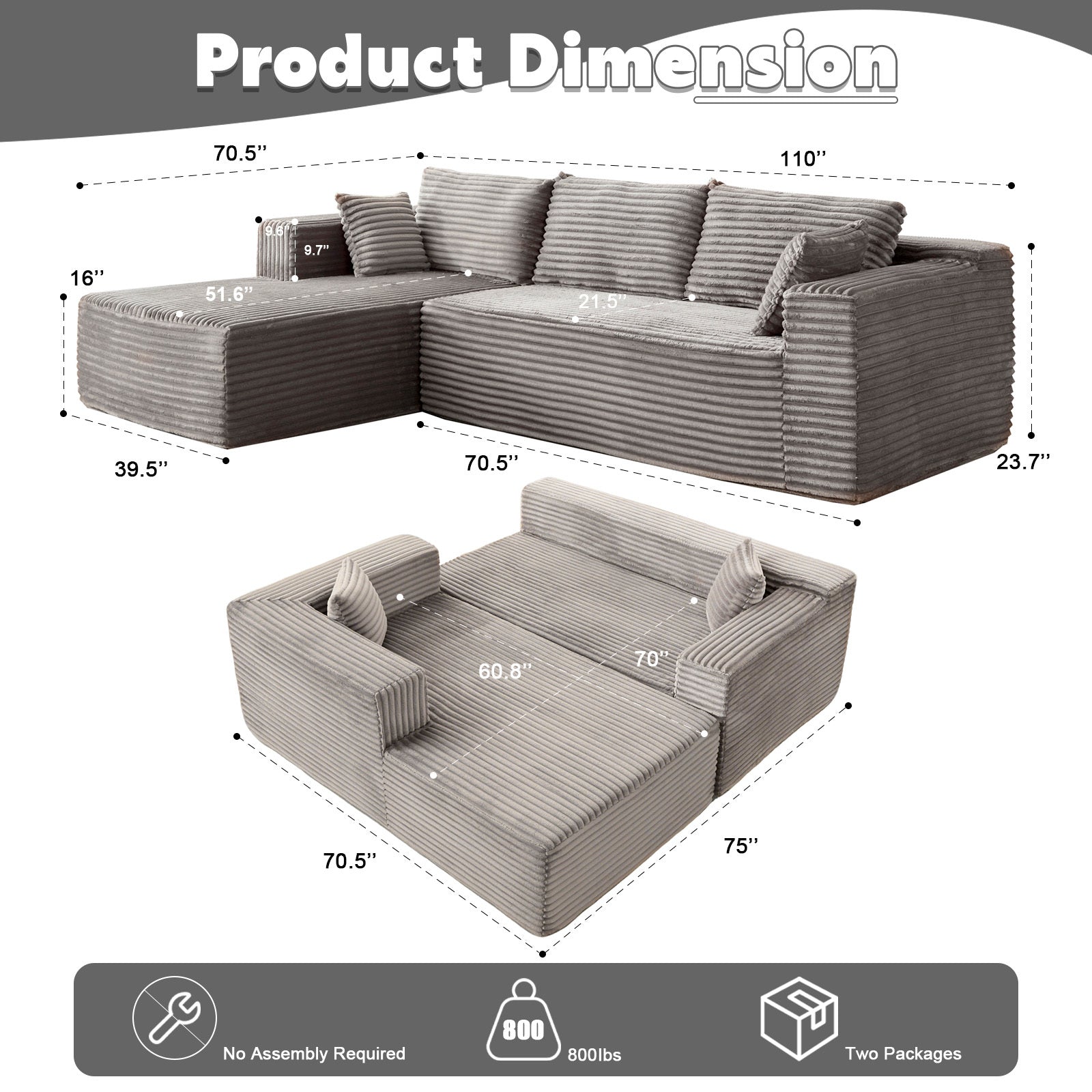Compression Sectional Couch with Comfy Chaise, Boneless L Shape Sofa with Deep Seat, Minimalist Modular Couches Sleeper for Living Room Bedroom Apartment Lounge,corduroy,Grey