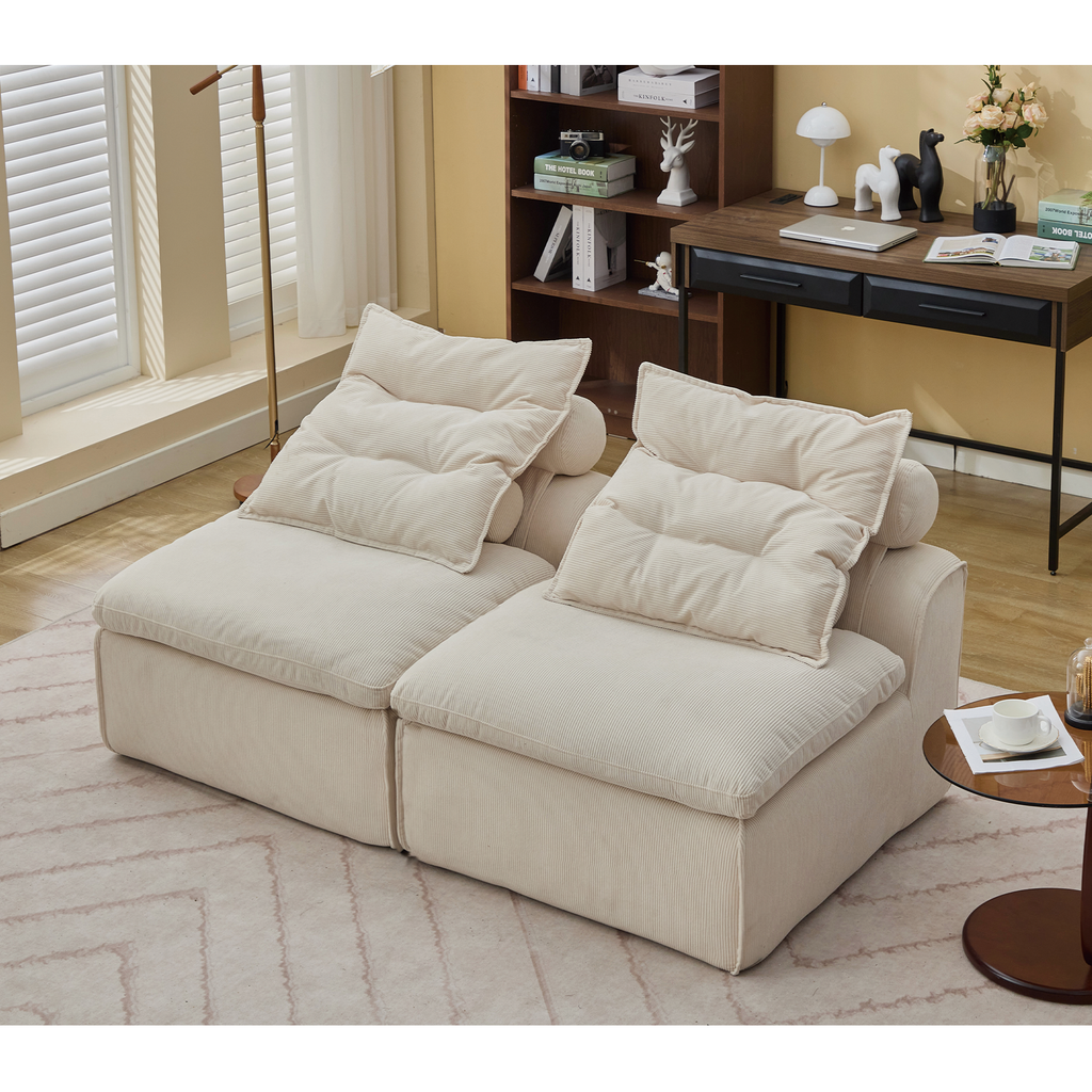 [NEW ARRIVED] [VIDEO PROVIDED]Modular Sofa,No Armrests,At will DIY,Soft Corduroy Fabric,Neck Pillow-Back Lounge Sofa Chair,Reading Nook, or Apartment Living, Lumbar Pillow,2 Seats,Upholstered,Beige
