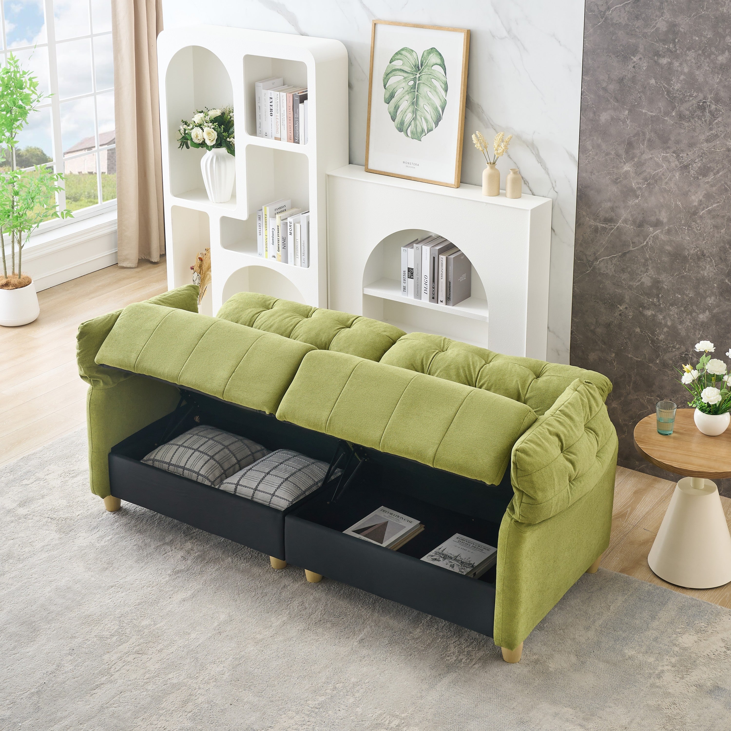 French retro cloud fabric double-seat creamy style straight-line sofa for the living room.