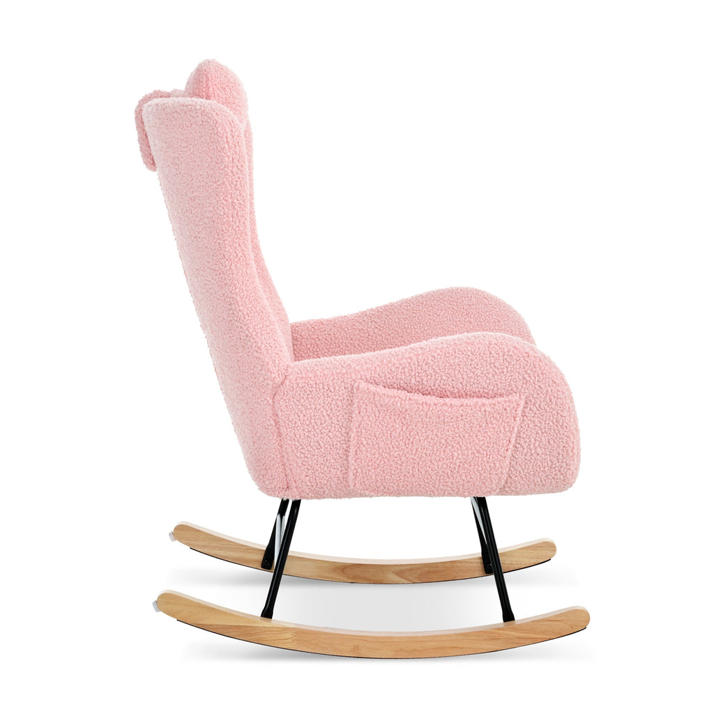 Rocking Chair Nursery, Teddy Upholstered Rocker Glider Chair with High Backrest, Adjustable Headrest & Pocket, Comfy Glider Chair for Nursery, Bedroom, Living Room, Offices, Rubber wood, pink