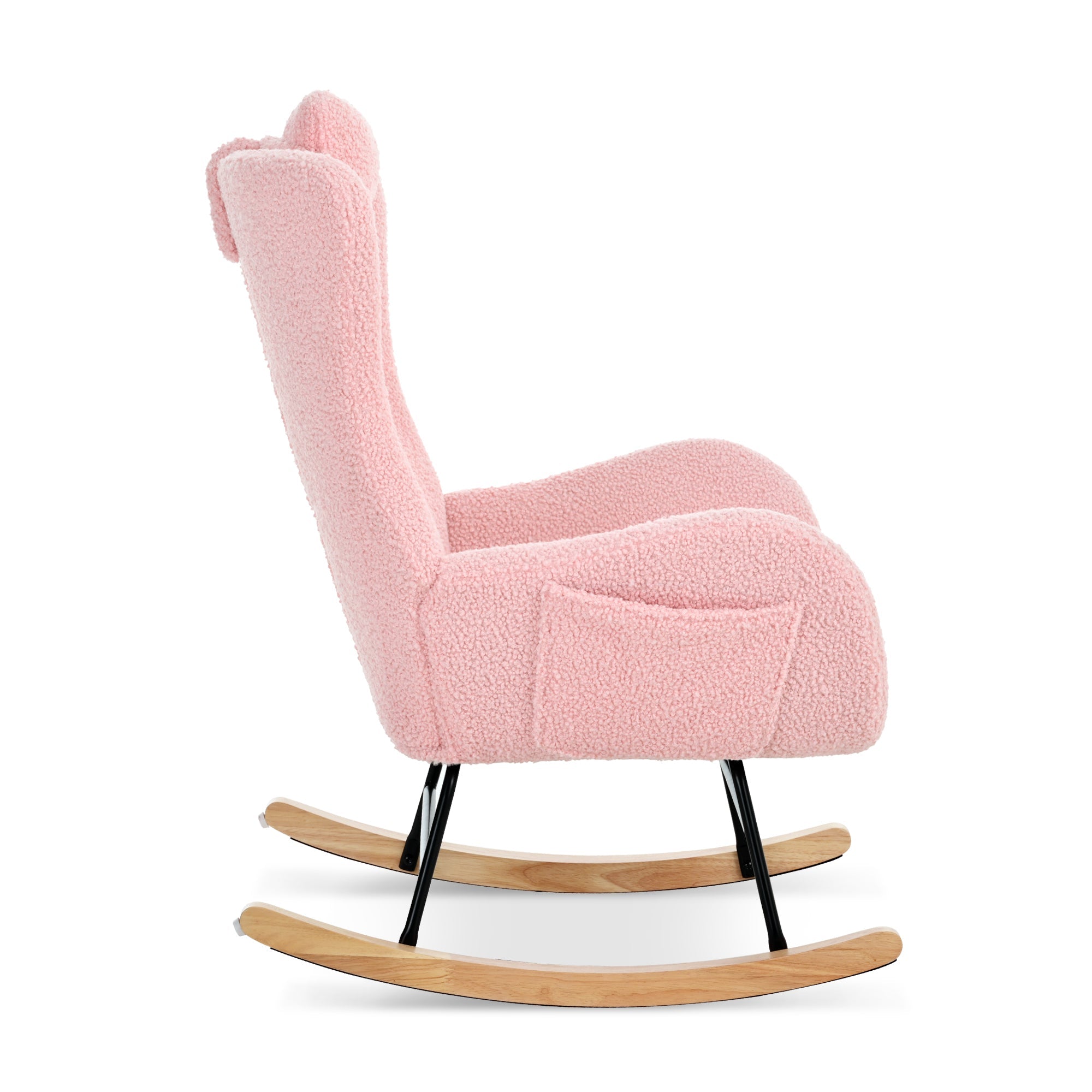 Rocking Chair Nursery, Teddy Upholstered Rocker Glider Chair with High Backrest, Adjustable Headrest & Pocket, Comfy Glider Chair for Nursery, Bedroom, Living Room, Offices, Rubber wood, pink