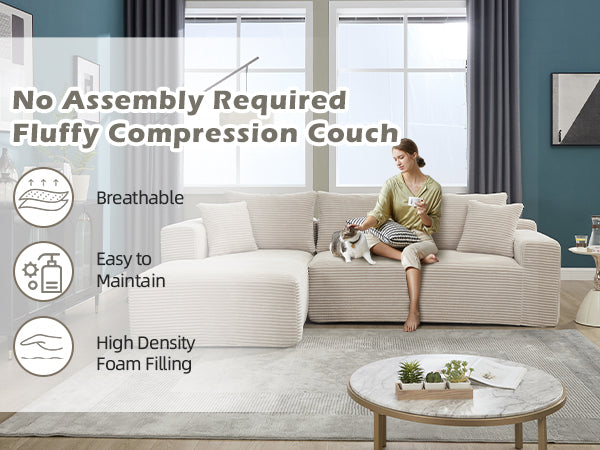 Modular Sectional Sofa Couches L-Shape Couch 3 Seat Modular Sofa Memory Foam Sectional Couches for Living Room, Cloud Couch with Oversized Chaise (Beige, Stripe (Left Facing Chaise))