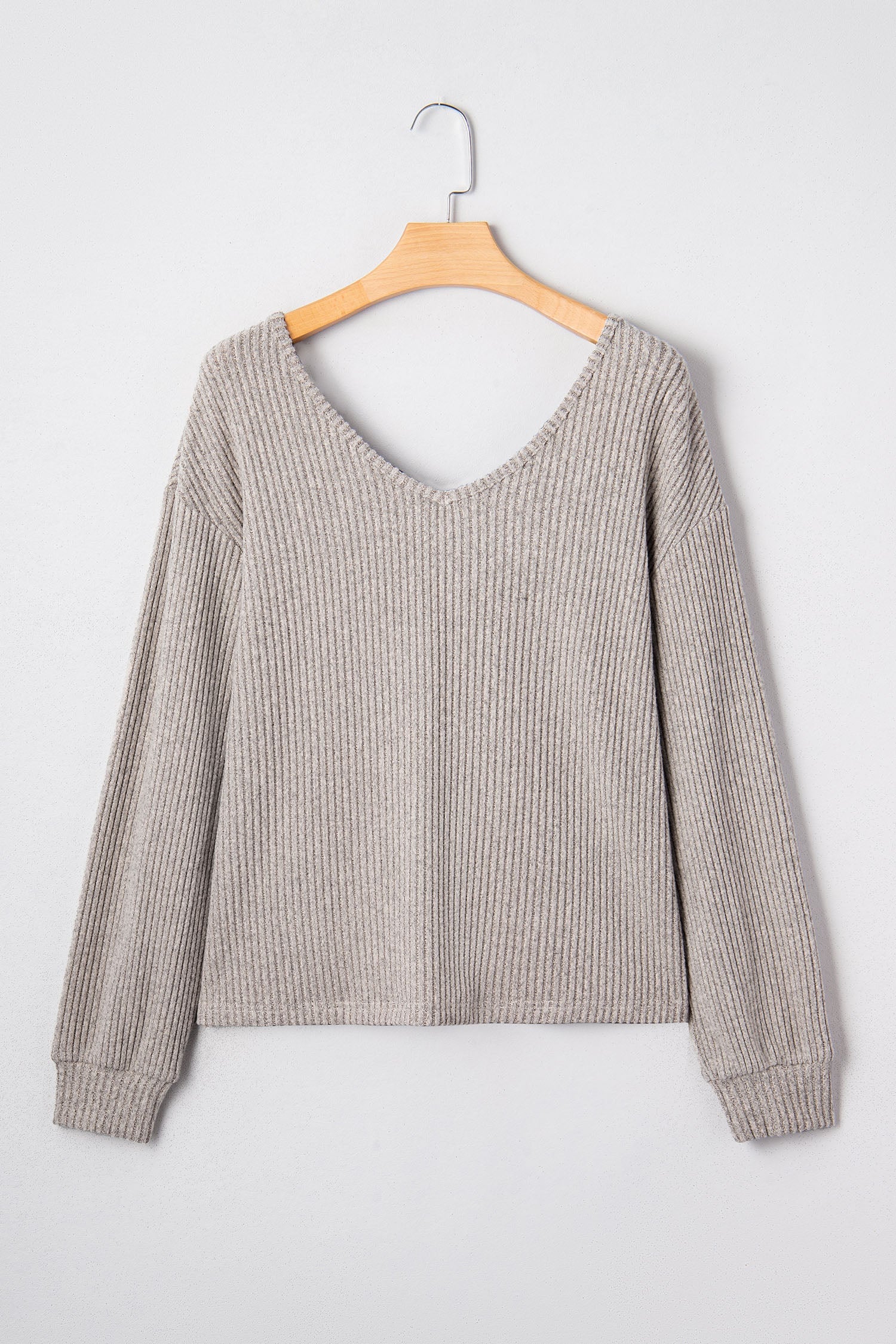 Bow Tie Back Ribbed Long Sleeve V-Neck Top