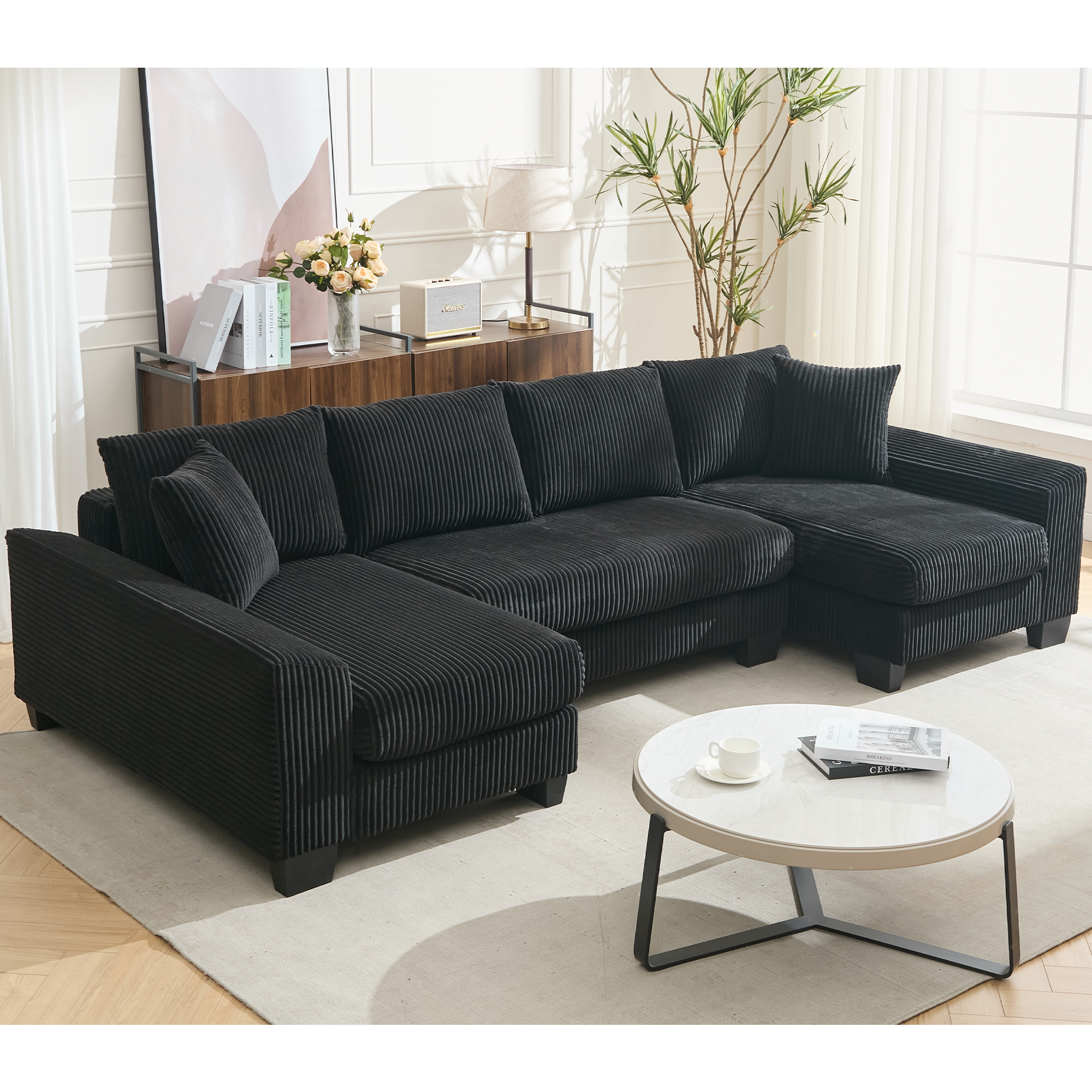 [NEW ARRIVED] [VIDEO PROVIDED]   114' Sleeper Sofa,U Shaped Sofa , Pull Out Bed,Convertible Oversize 2 in 1 Sleeper Sofa, Living Room,Upholstery Sofa Bed,Adjustable Sleeper Sofa,Corduroy,Black