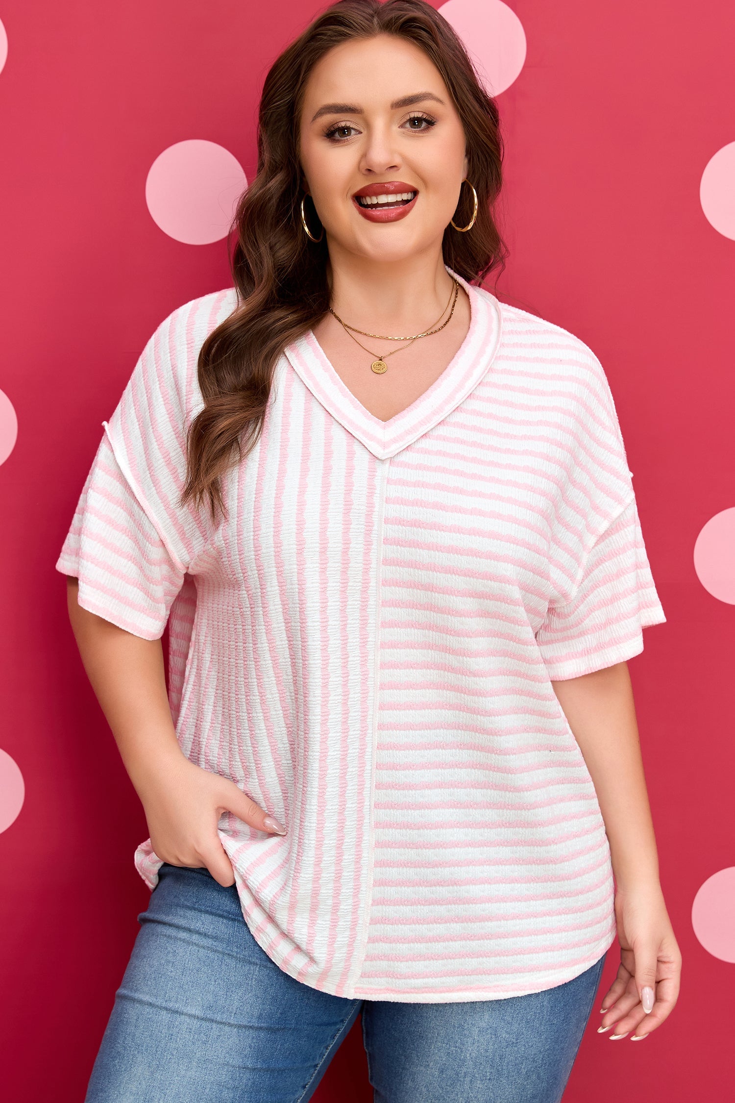 Plus Size Stripe Patchwork V-Neck T-Shirt