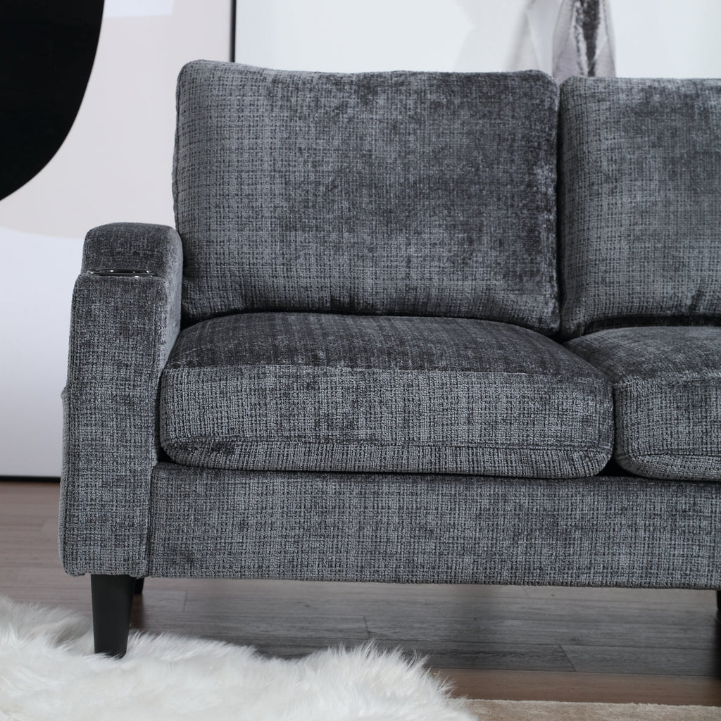 UNITED  WE WIN Sofa for three, solid wood frame, Chenille fabric, side pocket, with two cup holders, footstool with storagestorage sofa /Living room sofa cozy sectional  sofa