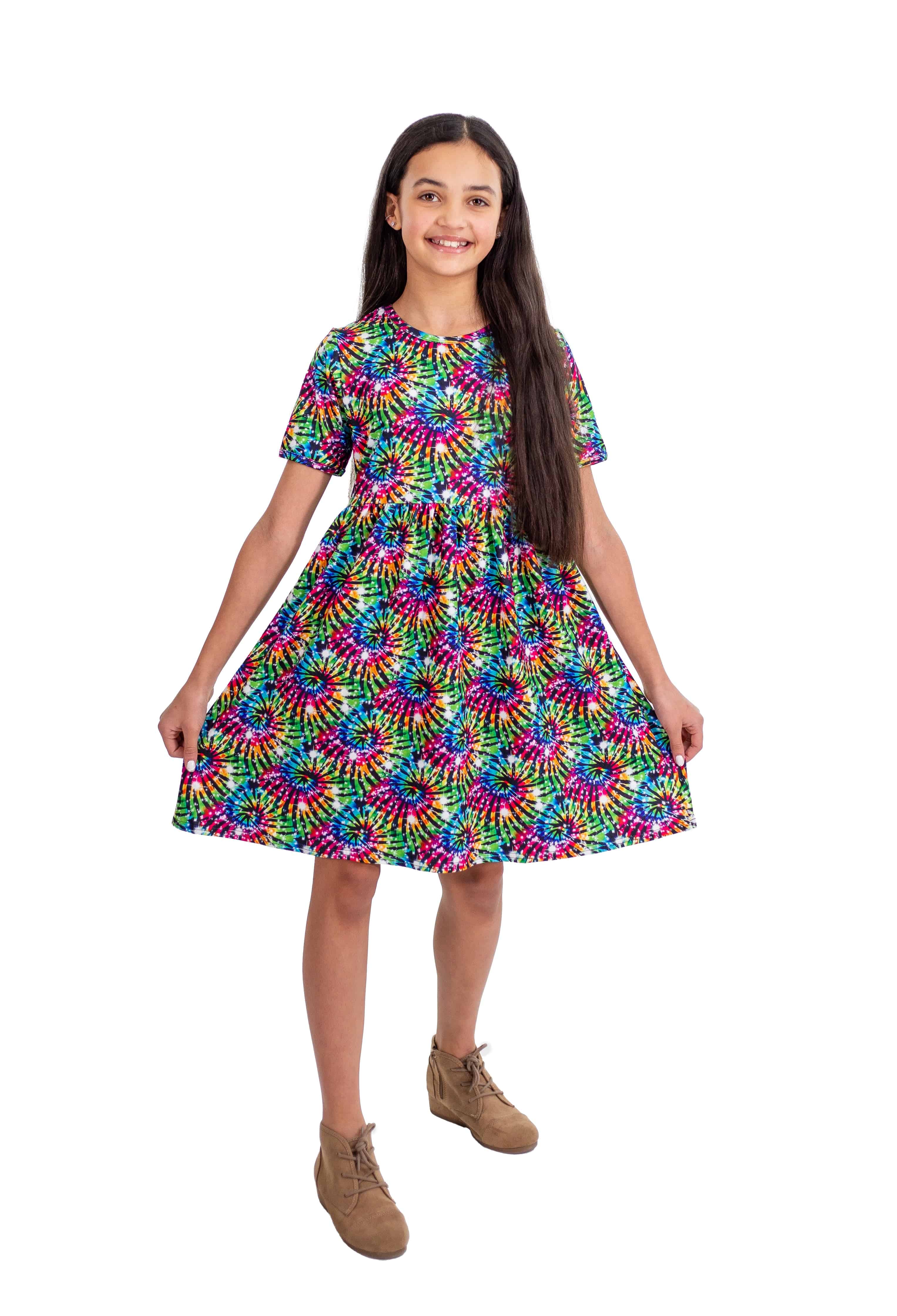 Neon Swirl Short  Sleeve Milk Silk Dress