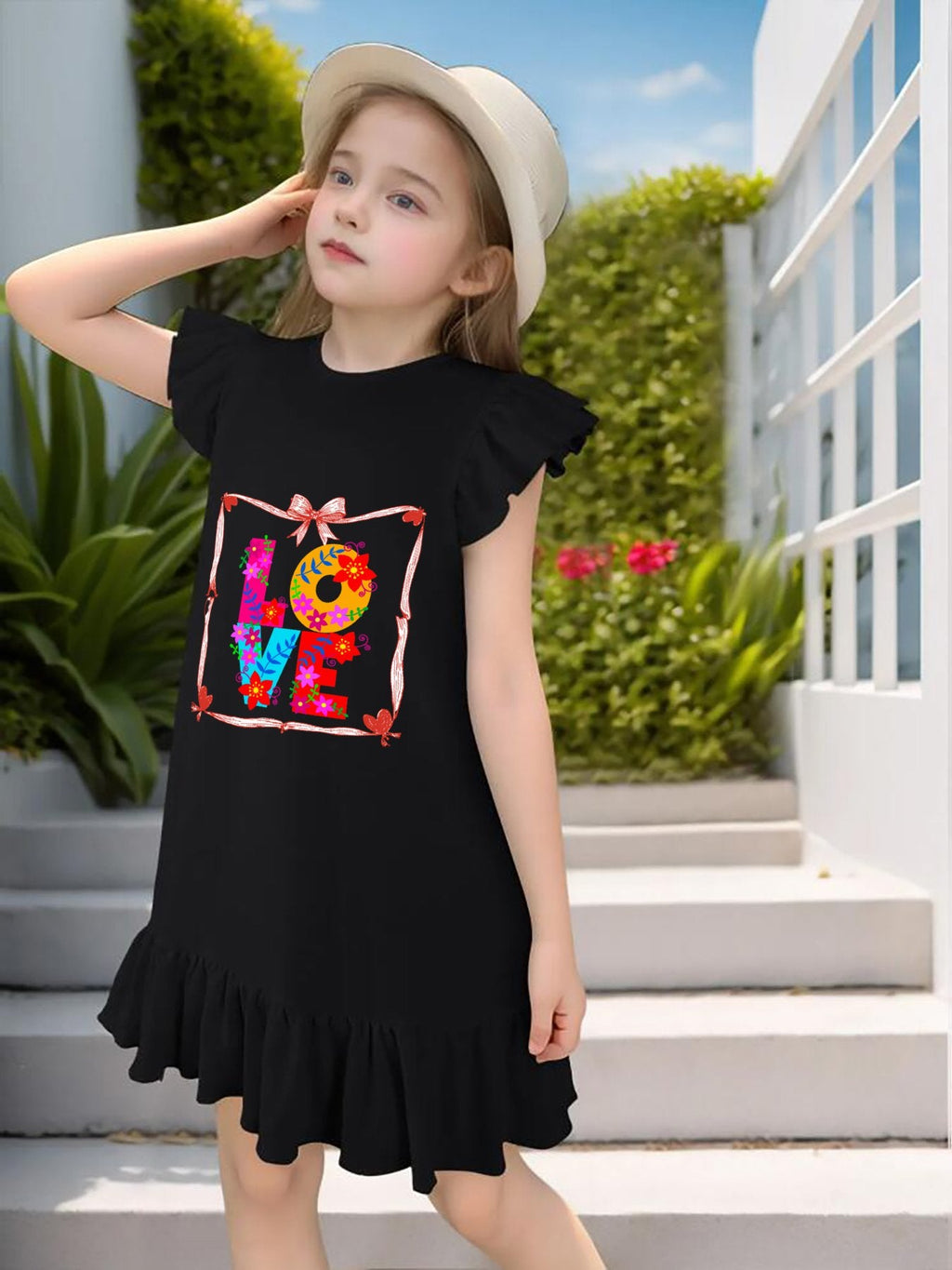 Floral LOVE Flutter Sleeve Dress for Girls (Front Printing)