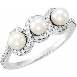 14K White Gold Cultured White Freshwater Pearl & 1/5 CTW Natural Diamond Halo-Style Ring