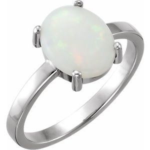 14K White Gold 10x8 mm Oval Natural Opal Cabochon Ring