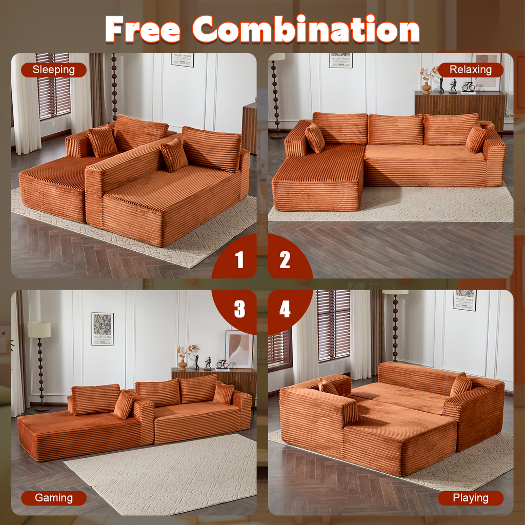 Compression Sectional Couch with Comfy Chaise, Boneless L Shape Sofa with Deep Seat, Minimalist Modular Couches Sleeper for Living Room Bedroom Apartment Lounge,corduroy,Brown