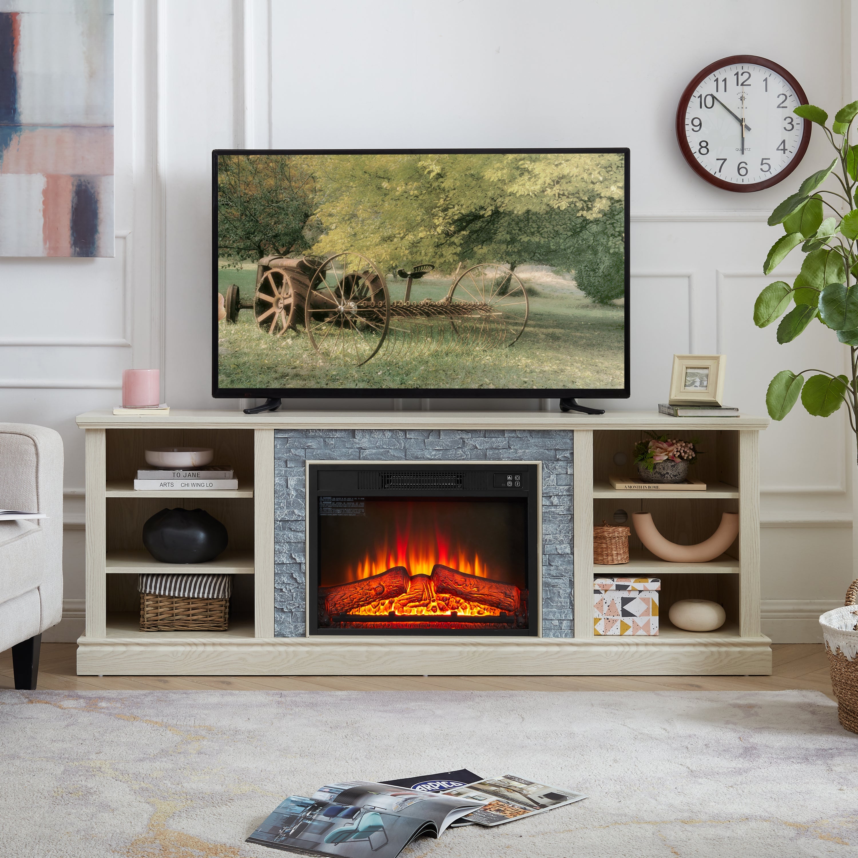 Large Faux Stacked Stone TV Desk Storage Rack, Media Console Table with Large Storage Cabinet,Modern  TV Media Stand with 23' Fireplace Insert,White, 70.12'W*15.35'D*25.83'H