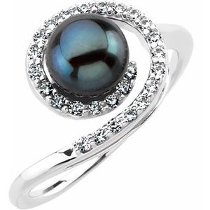 14K White Gold Cultured Black Akoya Pearl & 1/4 CTW Natural Diamond Ring