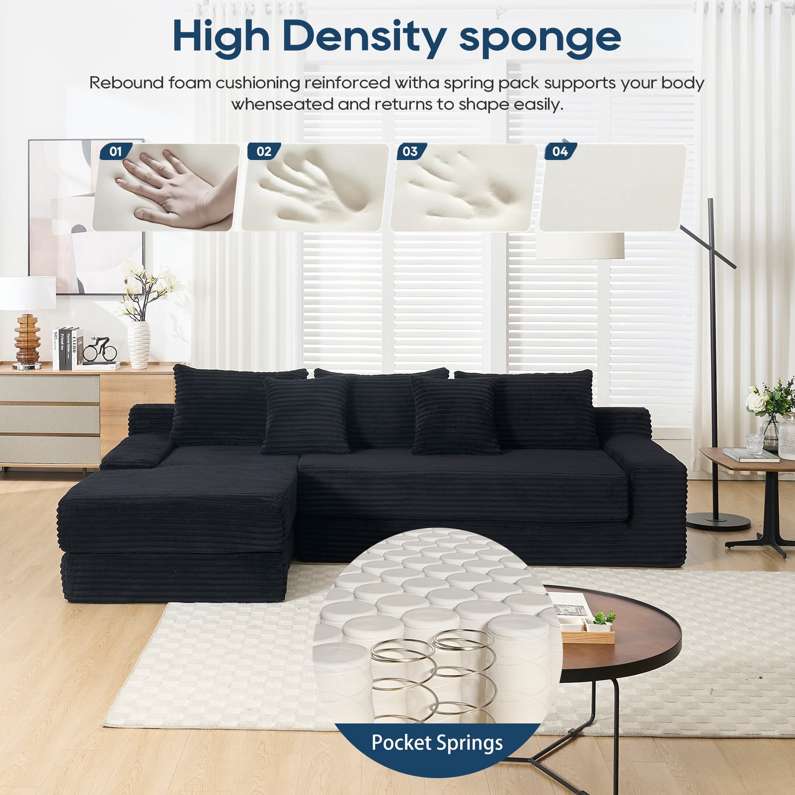 Modern L-Shaped Sectional Couch with Memory Foam and Steel Frame in Black Corduroy for Living Room