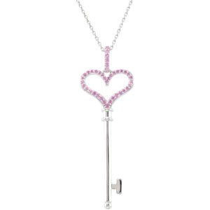 Sterling Silver Natural Pink Sapphire Heart Key 18" Necklace