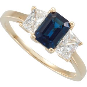 14K Yellow Gold Natural Blue Sapphire & 3/4 CTW Natural Diamond Three-Stone Ring