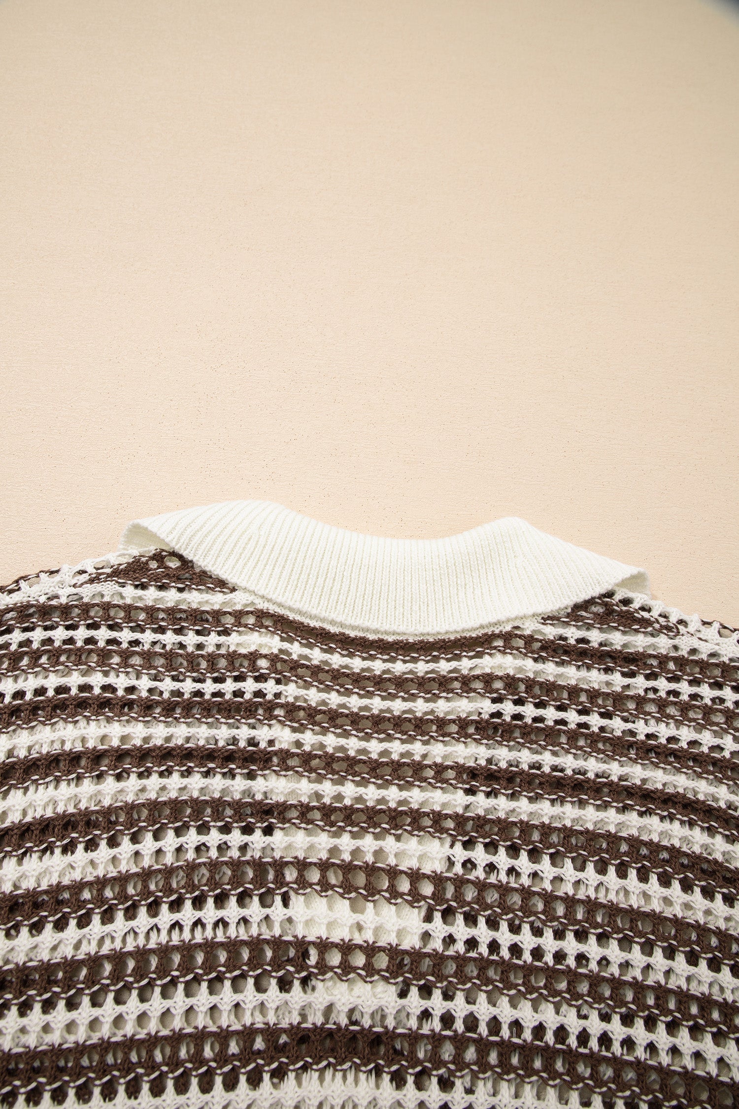 Stripe Eyelet Contrast Collared V-Neck Sweater