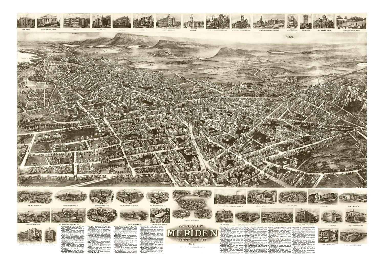 Vintage Map of Meriden, Connecticut 1918