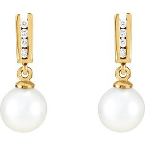 14K Yellow Gold Cultured White Akoya Pearl & 1/10 CTW Natural Diamond Earrings