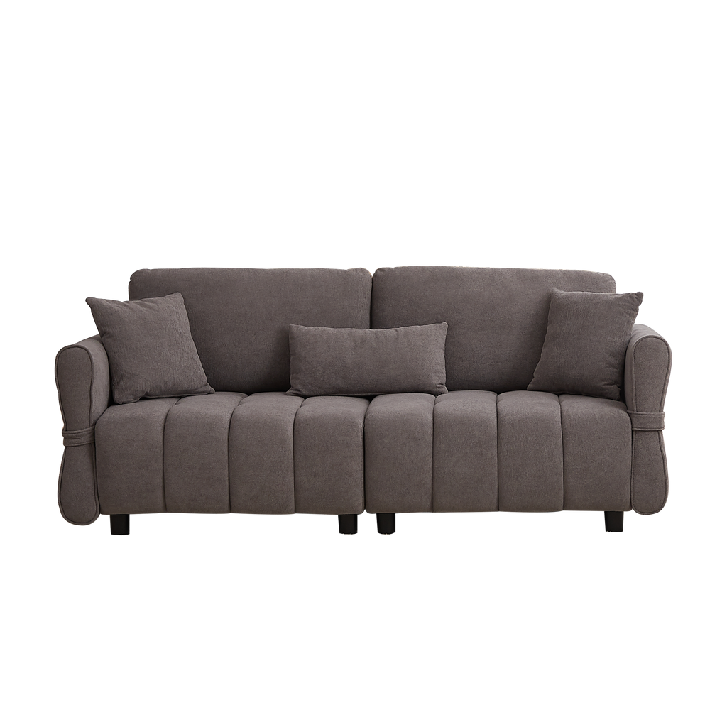 80''Premium chenille fabric sofa with 2 cushions and 1 lumbar pillow Armrest strap design,,upholstered 3-seater sofa  for living rooms, bedrooms,apartments and offices Grey