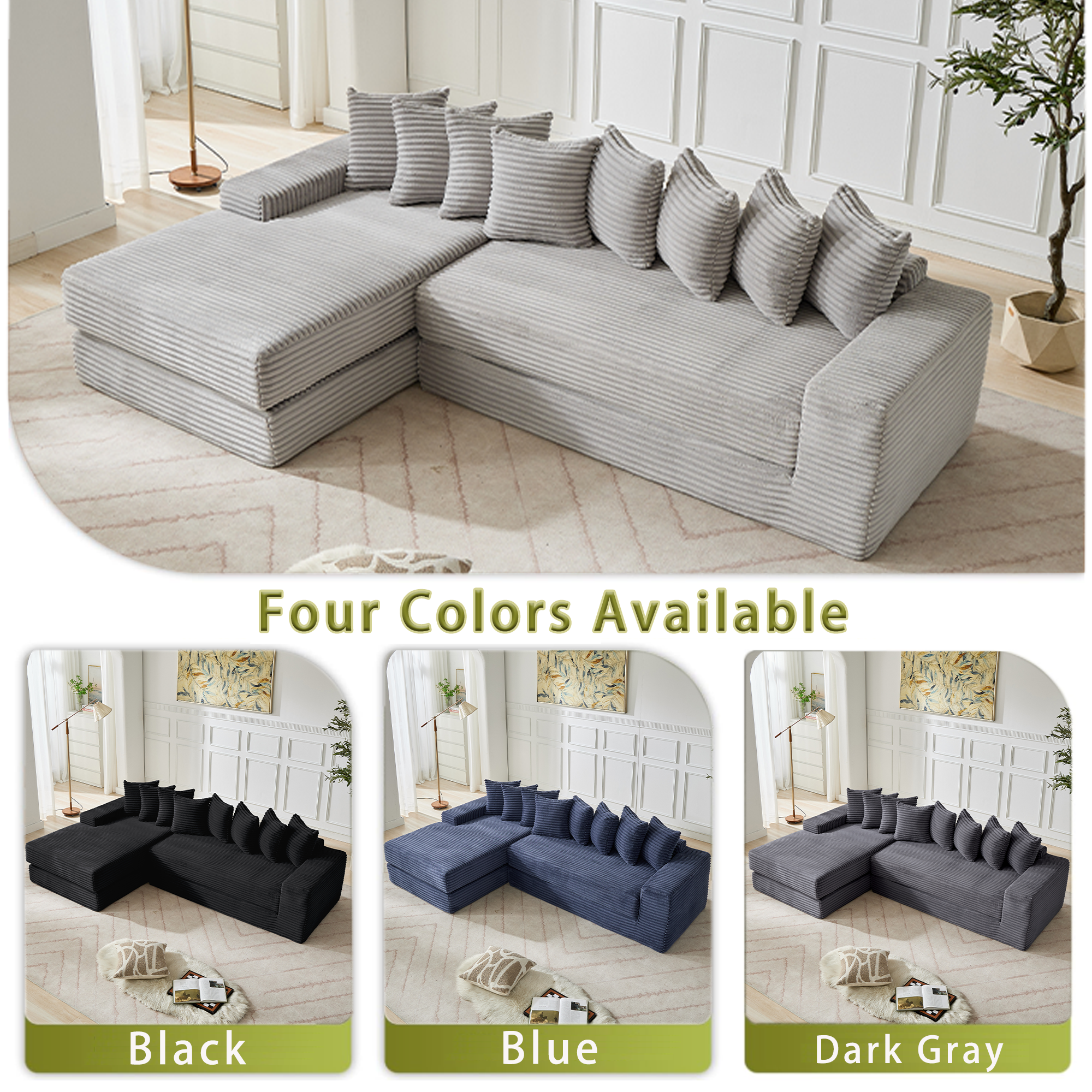 [NEW ARRIVED] [VIDEO PROVIDED]   Oversize Cloud Couch, L-Shape Sofa, Convertible Floor Sleeper Sofa Bed,  No Assembly ,Eight pillows,3-in-1,Side Pocket,(Left Facing Sofa),3 Seat,Corduroy,Light Gray