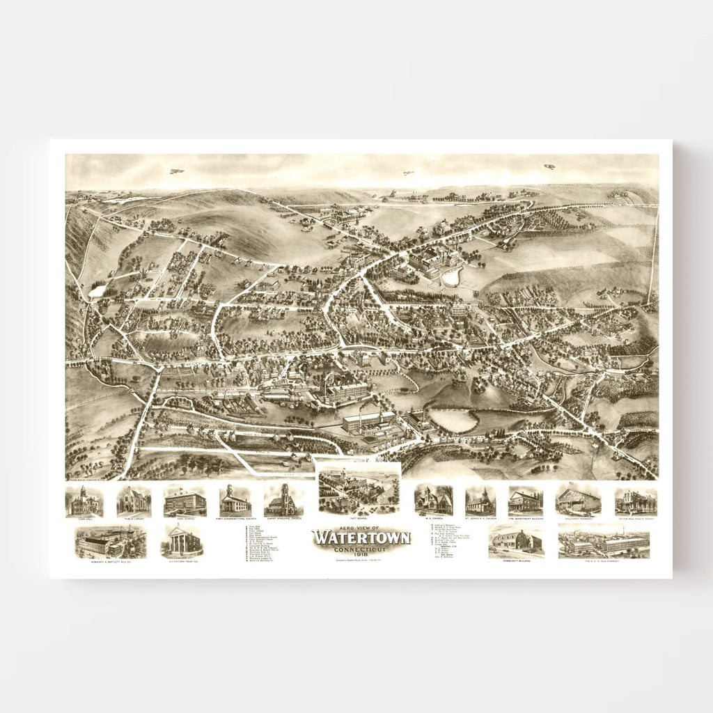 Vintage Map of Watertown, Connecticut 1918
