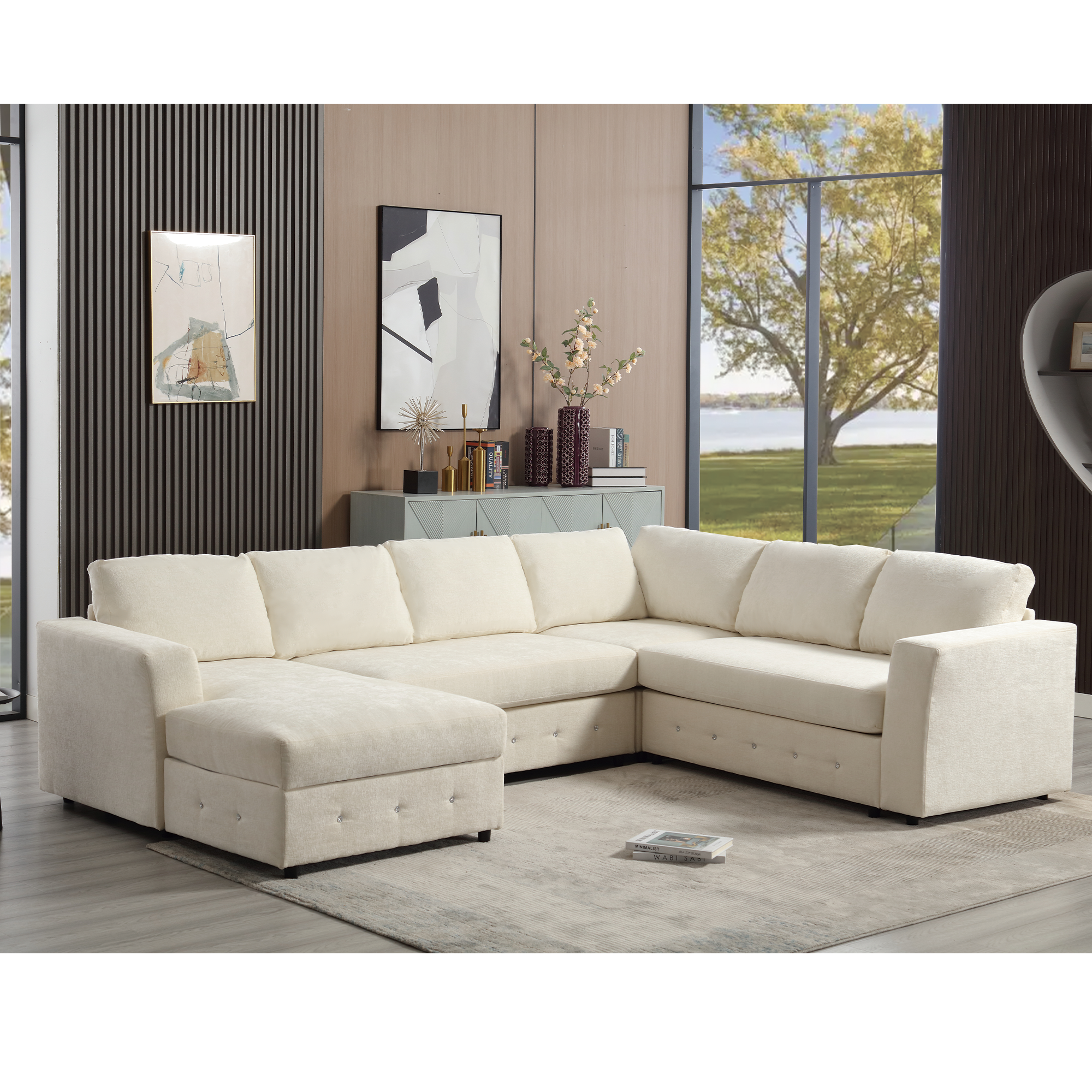 [NEW ARRIVED] [VIDEO PROVIDED]110.75' Sectional Sofa,Oversized modular sofa,Chaise Storage, Modern U Shaped  Couch , Upholstered Sofas,Chenille,Crystal button , Living Room, Apartment,  Beige
