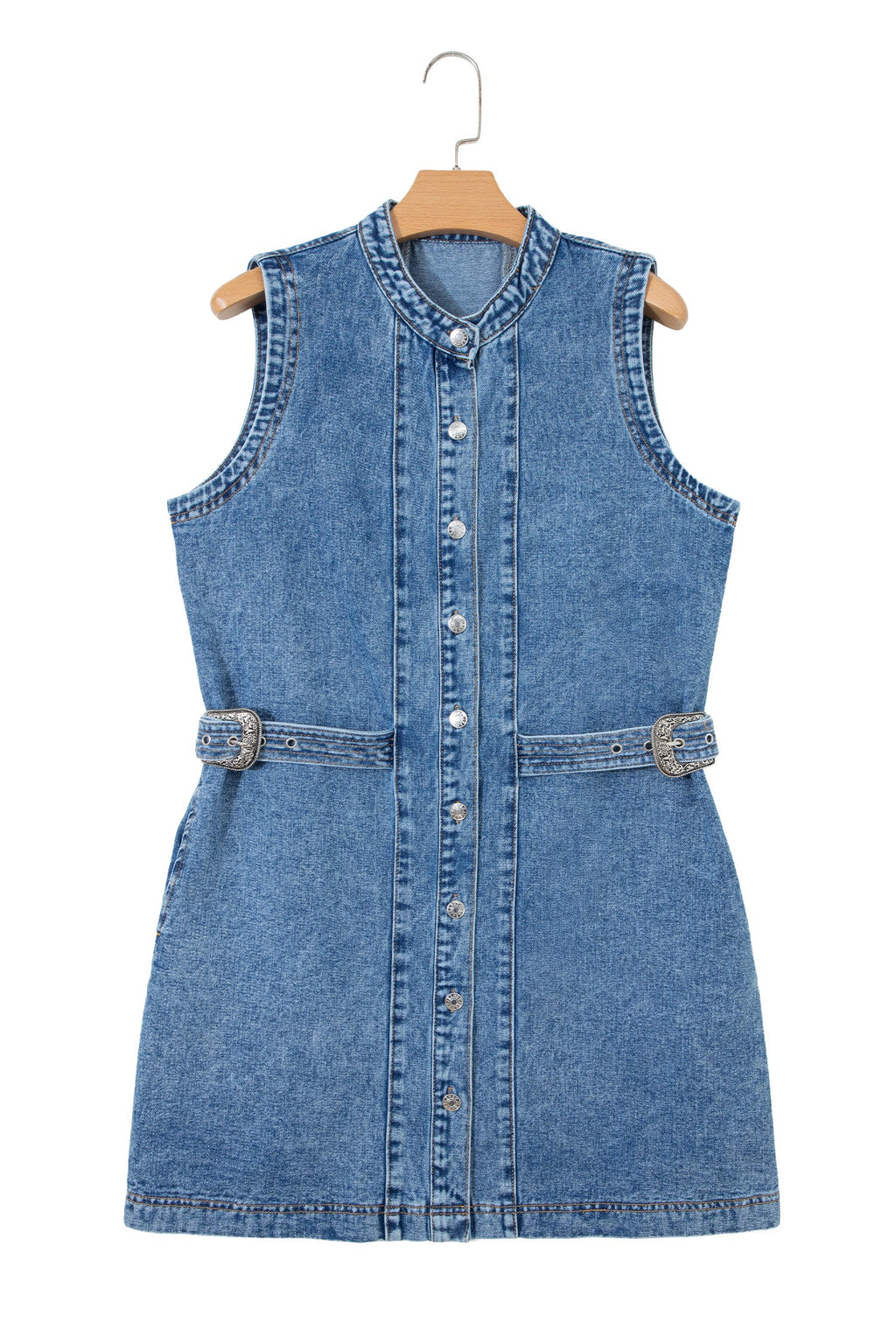 Western Denim Belted Button Down Sleeveless Dress