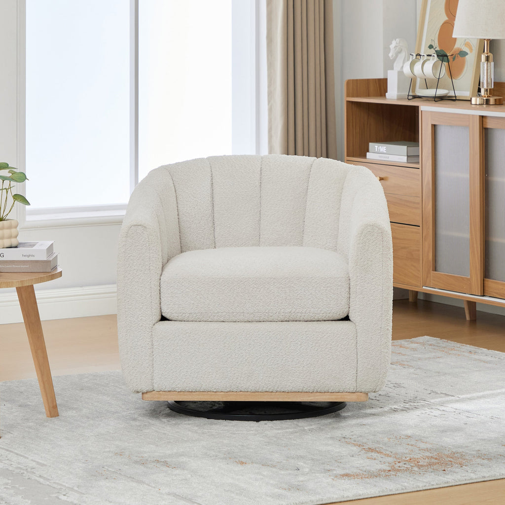 Modern Ivory Chenille Cushioned Metal Base Swivel Barrel Chair, 32.28' Wide Upholstered Tufted Pumpkin-Shape Club Armchair