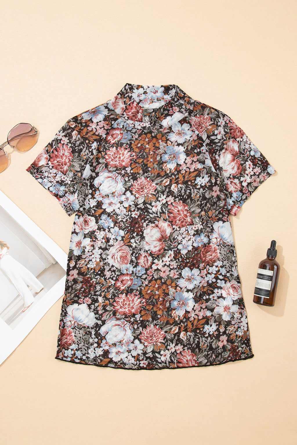 Floral Mesh Mock Neck Short Sleeve Top